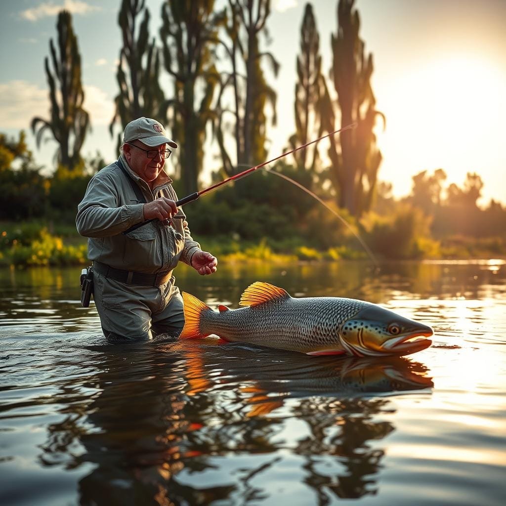 A seasoned angler, with a keen eye and a steady hand, stands waist-deep in a tranquil river, casting his line in pursuit of the elusive bowfin. The midday sun casts a warm, golden glow, illuminating the intricate patterns of the fish's prehistoric skin as it emerges from the murky depths. In the foreground, the angler's well-worn waders and expertly tied fly rig suggest a lifetime of experience honed through countless hours on the water. The middle ground features the serene riverscape, with lush, verdant banks and a reflected sky that adds a sense of peaceful contemplation. In the distance, the shadowy silhouettes of towering cypress trees frame the scene, creating a timeless, almost mythical atmosphere, where the angler's pursuit of the elusive bowfin becomes a celebration of the natural world and the mastery of this ancient craft. A seasoned angler, with a keen eye and a steady hand, stands waist-deep in a tranquil river, casting his line in pursuit of the elusive bowfin. The midday sun casts a warm, golden glow, illuminating the intricate patterns of the fish's prehistoric skin as it emerges from the murky depths. In the foreground, the angler's well-worn waders and expertly tied fly rig suggest a lifetime of experience honed through countless hours on the water. The middle ground features the serene riverscape, with lush, verdant banks and a reflected sky that adds a sense of peaceful contemplation. In the distance, the shadowy silhouettes of towering cypress trees frame the scene, creating a timeless, almost mythical atmosphere, where the angler's pursuit of the elusive bowfin becomes a celebration of the natural world and the mastery of this ancient craft.