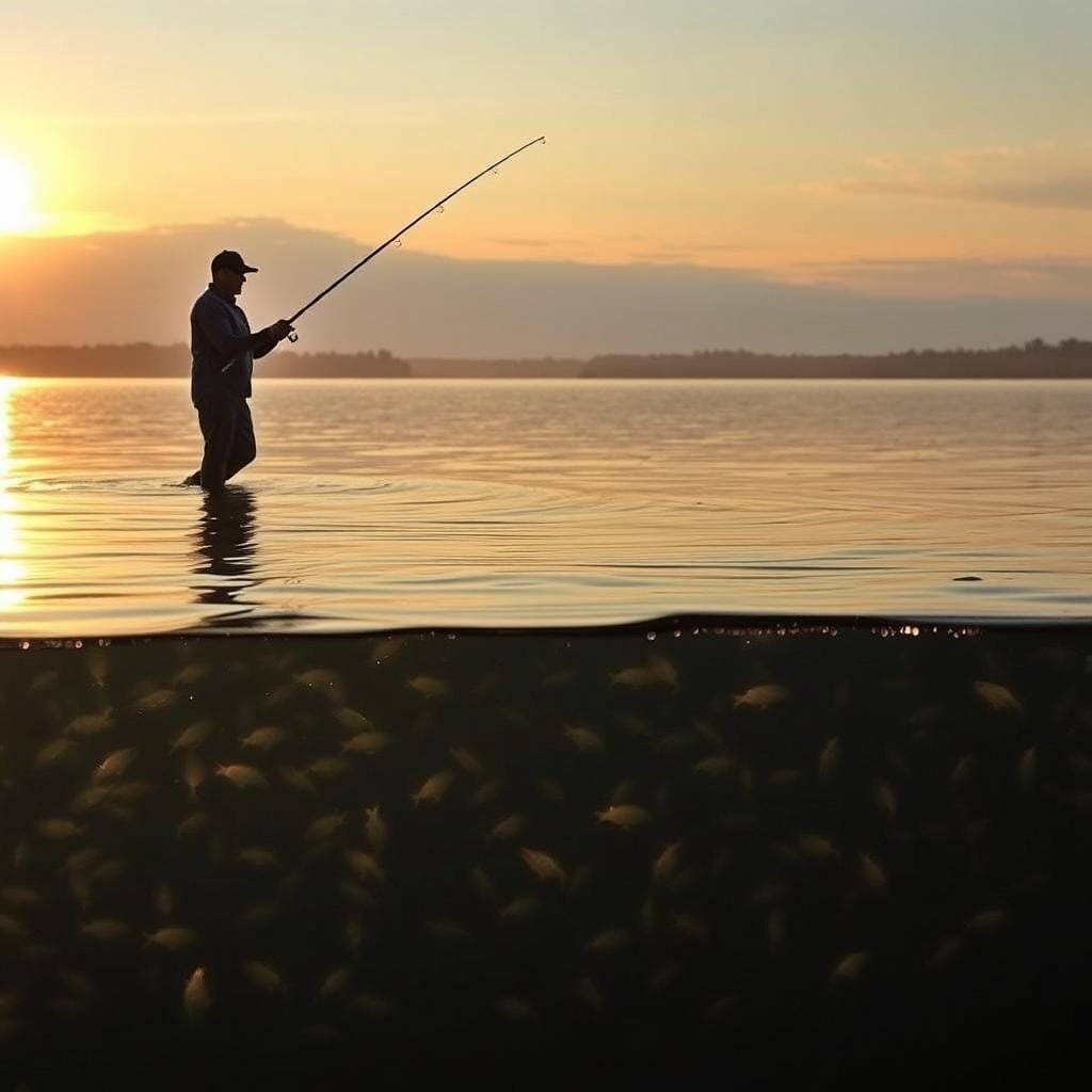A secluded lake at dusk, the surface shimmering with a golden glow. A skilled angler stands knee-deep in the water, their silhouette casting a long shadow as they deftly work a vertical jigging rod. Crappie swarm in the depths, their sleek bodies illuminated by the natural light filtering through the crystal-clear water. The scene captures the essence of the "Vertical Jigging: A Deadly Method for Crappie" technique, with a sharp focus on the angler's precise movements and the reactive fish below. The composition emphasizes the tranquility and intensity of the moment, inviting the viewer to experience the thrill of this effective crappie-catching approach.