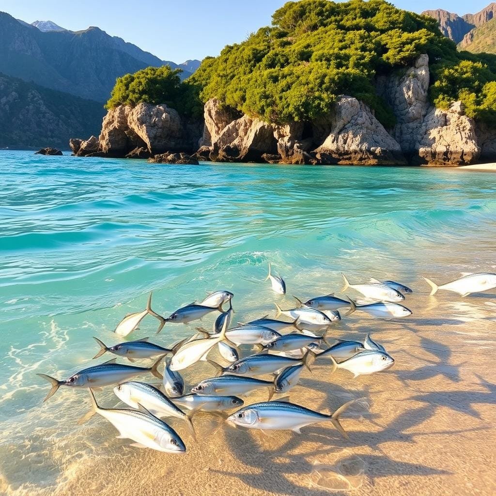 A serene coastal cove with crystal-clear turquoise waters, gentle waves lapping against a sandy beach. In the foreground, a school of silvery bonito fish dart through the shallows, their iridescent scales gleaming in the warm sunlight. The middle ground features rocky outcroppings draped in lush, verdant foliage, providing ample shade and cover for the bonito. In the distant background, rugged mountains rise up, their peaks capped with a dusting of snow. The scene is bathed in a soft, golden hour glow, creating a tranquil, inviting atmosphere perfect for bonito fishing. A serene coastal cove with crystal-clear turquoise waters, gentle waves lapping against a sandy beach. In the foreground, a school of silvery bonito fish dart through the shallows, their iridescent scales gleaming in the warm sunlight. The middle ground features rocky outcroppings draped in lush, verdant foliage, providing ample shade and cover for the bonito. In the distant background, rugged mountains rise up, their peaks capped with a dusting of snow. The scene is bathed in a soft, golden hour glow, creating a tranquil, inviting atmosphere perfect for bonito fishing.