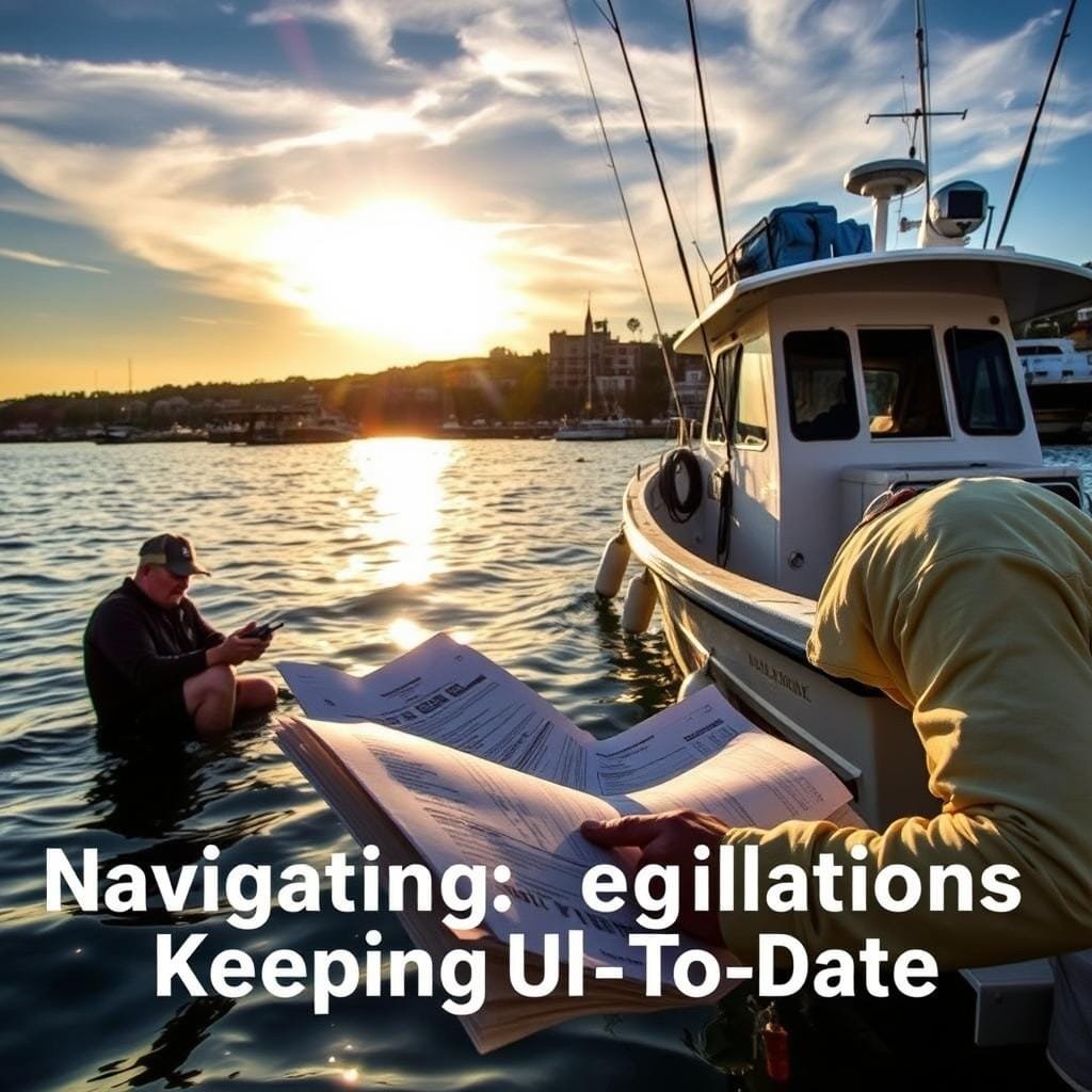 A serene coastal scene, the sun's golden rays filtering through wispy clouds. In the foreground, an angler stands knee-deep in the calm waters, carefully examining a stack of fishing regulations and permits. The middle ground features a well-equipped fishing boat, its lines and tackle meticulously organized, hinting at the experienced skipper's dedication to following the rules. In the background, a picturesque harbor bustles with activity, serving as a reminder of the importance of responsible fishing practices. The overall atmosphere conveys a sense of diligence and environmental stewardship, capturing the essence of "Navigating Regulations: Keeping Up-To-Date".