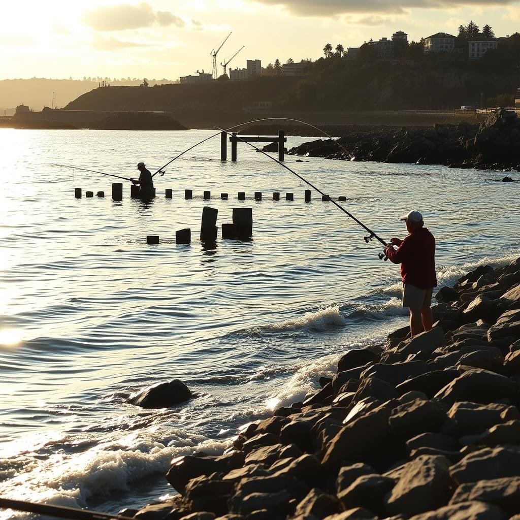 A serene coastal scene, with a rocky shoreline and gently lapping waves. In the foreground, anglers cast their lines, targeting the elusive sheepshead, their silhouettes reflecting in the sun-dappled water. The middle ground features a mix of submerged structures, pilings, and craggy outcroppings, ideal habitats for the coveted fish. The background showcases a picturesque skyline, with a mix of natural and man-made elements, hinting at the diverse environments where these prized catches can be found. Warm, golden lighting bathes the scene, creating a sense of tranquility and the promise of a successful day on the water. A serene coastal scene, with a rocky shoreline and gently lapping waves. In the foreground, anglers cast their lines, targeting the elusive sheepshead, their silhouettes reflecting in the sun-dappled water. The middle ground features a mix of submerged structures, pilings, and craggy outcroppings, ideal habitats for the coveted fish. The background showcases a picturesque skyline, with a mix of natural and man-made elements, hinting at the diverse environments where these prized catches can be found. Warm, golden lighting bathes the scene, creating a sense of tranquility and the promise of a successful day on the water.