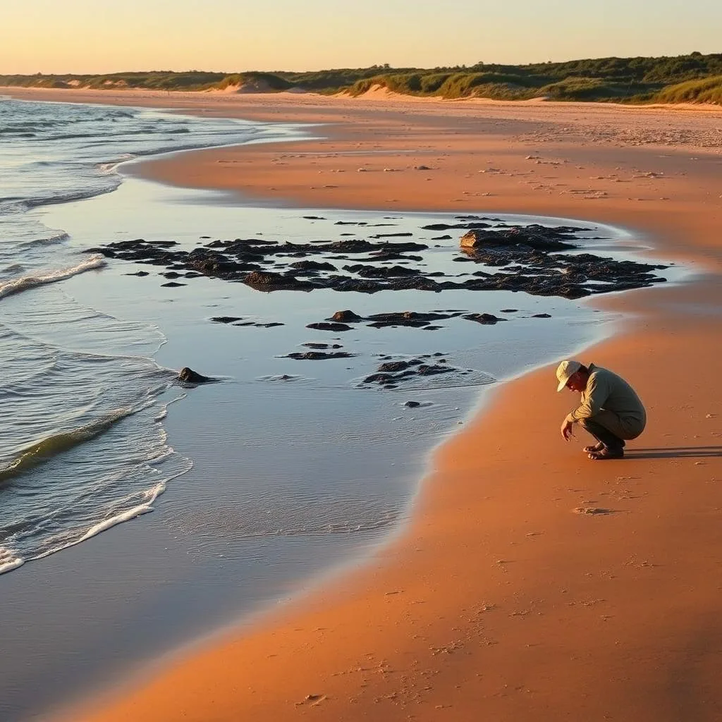 A serene coastal scene with a sandy beach, gently lapping waves, and a warm golden-hour glow. In the foreground, a fisherman crouches near the water's edge, studying the shallow seafloor for tell-tale signs of flounder. The middle ground reveals a series of tidal pools and rocky outcroppings, potential hiding spots for the elusive flatfish. In the distance, a line of dunes and lush vegetation mark the transition to the land. The overall atmosphere is one of tranquility and the quiet contemplation of an experienced angler seeking out their quarry.