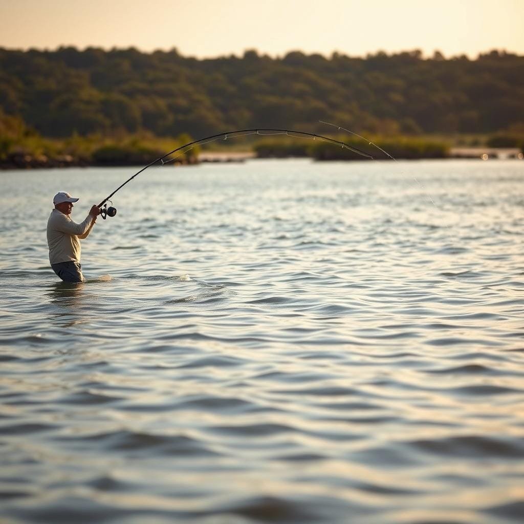 A serene coastal scene with a skilled angler casting a lightweight spinning rod, the line arcing gracefully as it extends over the gently rippling surface of a shallow, sun-dappled estuary. The angler's stance is poised, their movements fluid and precise, honed by years of practice. In the background, a lush, verdant shoreline frames the tranquil waters, creating a picturesque setting for the art of seatrout fishing. The lighting is soft and diffused, casting a warm, golden glow over the entire scene, accentuating the natural beauty of the environment. The overall atmosphere is one of calm focus and appreciation for the sport, perfectly capturing the essence of "Mastering Seatrout Fishing Techniques".