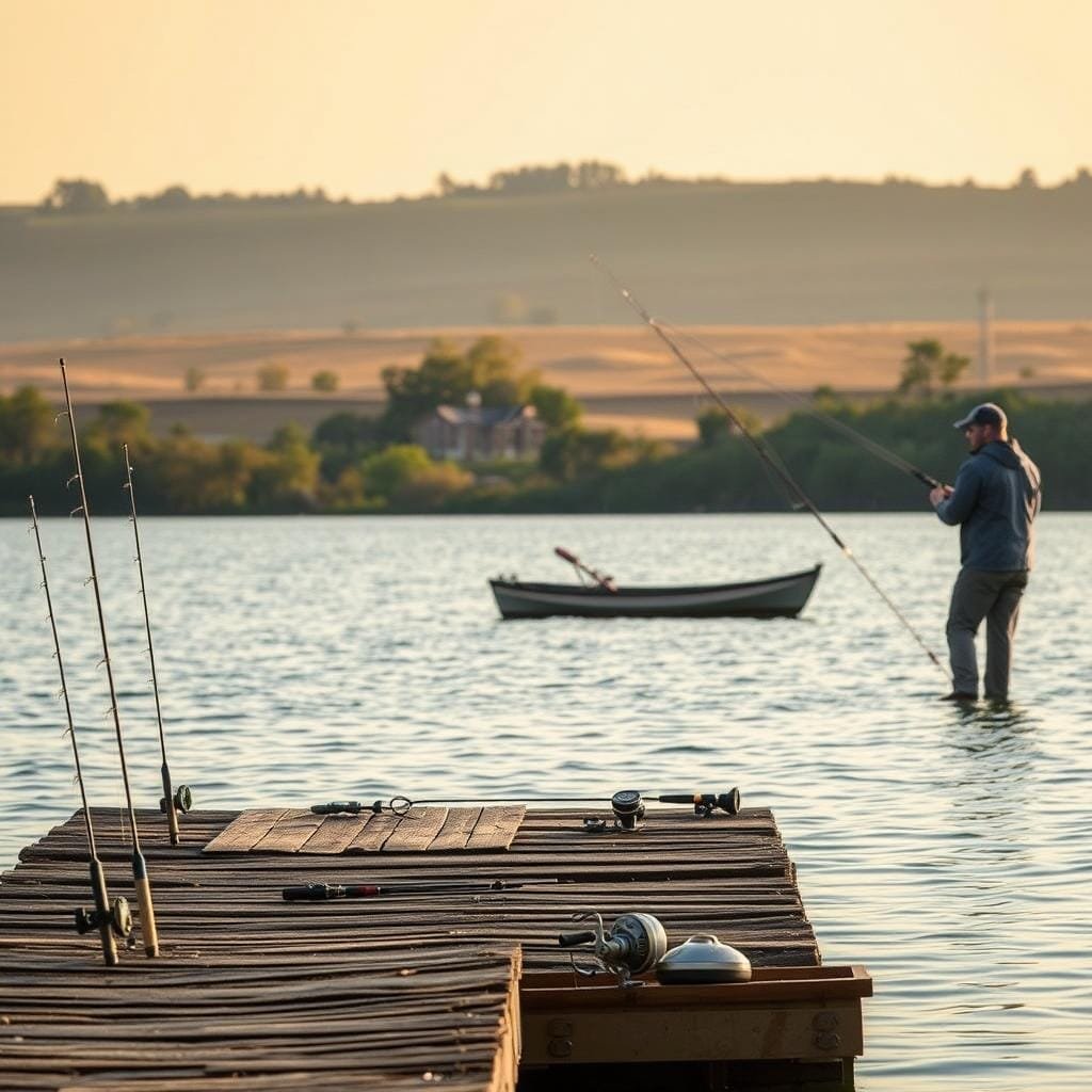 A serene lakeside scene, with a angler standing knee-deep in the calm waters, intently focused on his fishing line. The foreground features a weathered wooden dock, with fishing rods and tackle meticulously arranged. In the middle ground, a small rowboat drifts lazily, its oars still. The background is a tranquil landscape, with rolling hills dotted with trees and a soft, golden sunset illuminating the scene. The lighting is natural and warm, creating a serene and inviting atmosphere. The camera angle is slightly elevated, giving a panoramic view of the entire fishing setup. This image perfectly encapsulates the "Best Fishing Techniques for Bullhead Catfish".