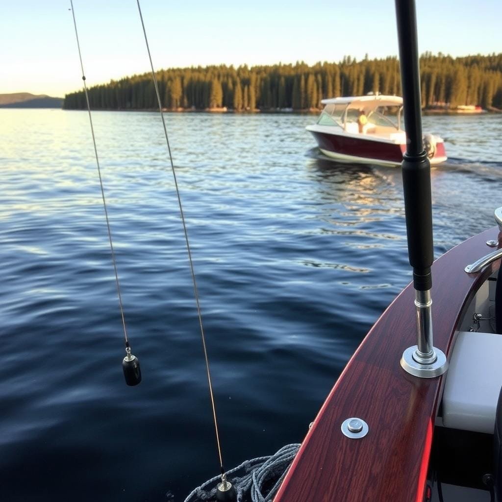 A serene lakeside scene, with a fishing boat gently gliding across the tranquil waters. In the foreground, a pair of downriggers extend from the boat, their weighted lines descending deep into the depths, searching for the elusive Kokanee salmon. The midground features the boat's sleek design, with its polished wooden hull and gleaming chrome accents, reflecting the warm glow of the afternoon sun. In the distance, the forested shoreline frames the scene, adding a sense of peaceful isolation. The overall atmosphere conveys the skill and precision required to master the art of trolling for Kokanee, a prized gamefish sought by anglers worldwide.