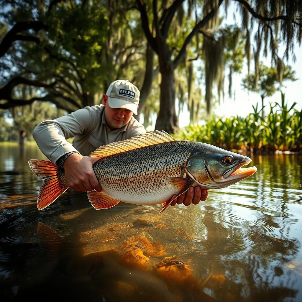 A serene lakeside scene with a lone angler carefully releasing a large, prehistoric-looking bowfin fish back into the crystal-clear waters. The angler, wearing earth-toned fishing attire, handles the fish with utmost care, supporting its body and avoiding harm to the delicate scales. Dappled sunlight filters through the overhanging cypress trees, casting a warm, natural glow over the tranquil moment. In the background, lush wetland vegetation and a mirrored surface create a sense of harmony and respect for the delicate ecosystem. The composition emphasizes the importance of sustainable fishing practices and the preservation of this unique freshwater species. A serene lakeside scene with a lone angler carefully releasing a large, prehistoric-looking bowfin fish back into the crystal-clear waters. The angler, wearing earth-toned fishing attire, handles the fish with utmost care, supporting its body and avoiding harm to the delicate scales. Dappled sunlight filters through the overhanging cypress trees, casting a warm, natural glow over the tranquil moment. In the background, lush wetland vegetation and a mirrored surface create a sense of harmony and respect for the delicate ecosystem. The composition emphasizes the importance of sustainable fishing practices and the preservation of this unique freshwater species.