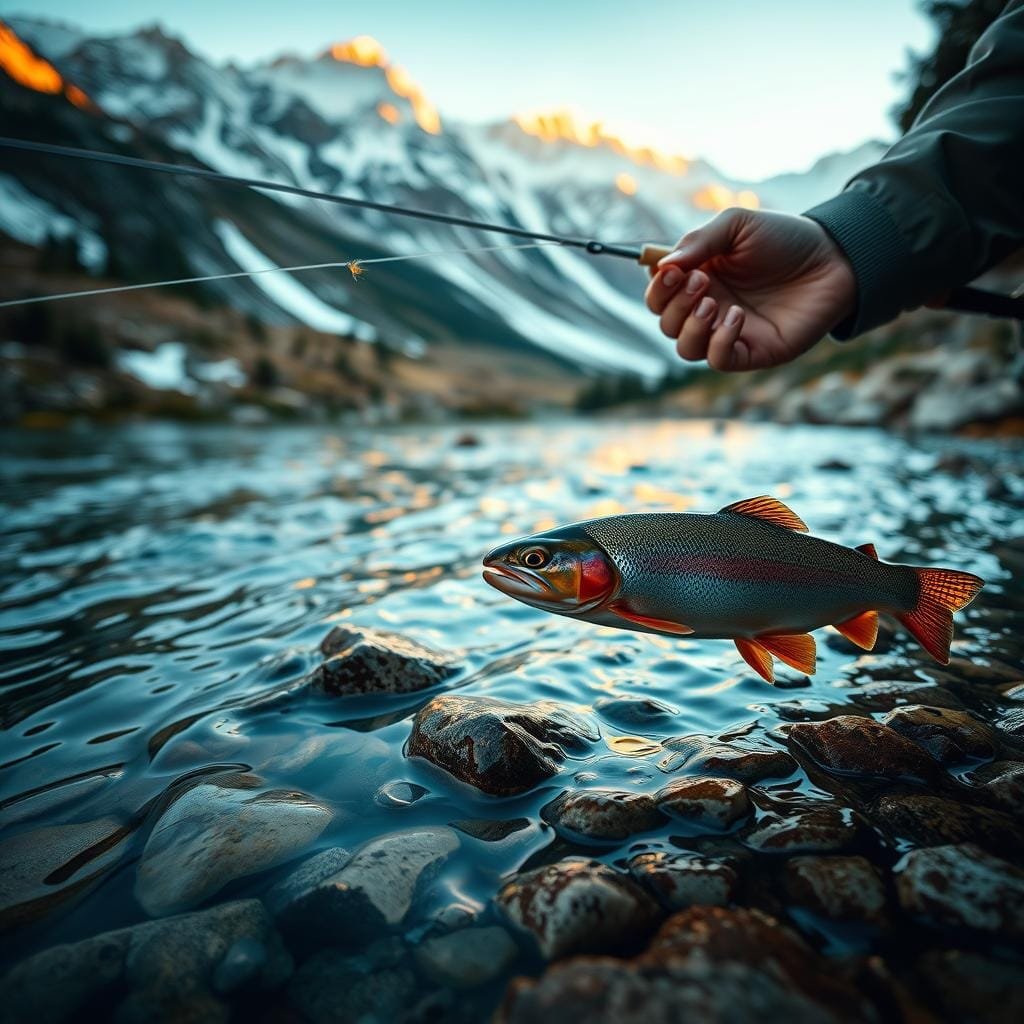 A serene mountain stream, its clear waters flowing gently over a bed of smooth stones. In the foreground, an expert angler casts a delicate fly, their skilled hands guiding the line with precision. The mid-ground reveals the intricate dance of the fly as it lands on the surface, enticing a wary rainbow trout to rise and strike. The background showcases the rugged, snow-capped peaks, casting a warm, golden glow across the scene. The lighting is soft and diffused, creating a sense of tranquility and focus. The camera angle is low, immersing the viewer in the intimate experience of advanced trout fly fishing.