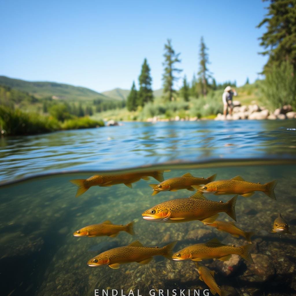 A serene, pristine stream meandering through a lush, verdant landscape. In the foreground, a fly fisherman gently casts his line, his movements fluid and graceful, mindful of the fragile ecosystem. Midground, a school of healthy, vibrant brown trout hover in the crystal-clear waters, their speckled bodies glimmering in the soft, diffused natural light. The background reveals a picturesque scene of rolling hills and towering pines, conveying a sense of harmony and respect for the natural world. The overall atmosphere evokes a spirit of conservation, where the angler's actions demonstrate a deep appreciation for the delicate balance of the aquatic environment.