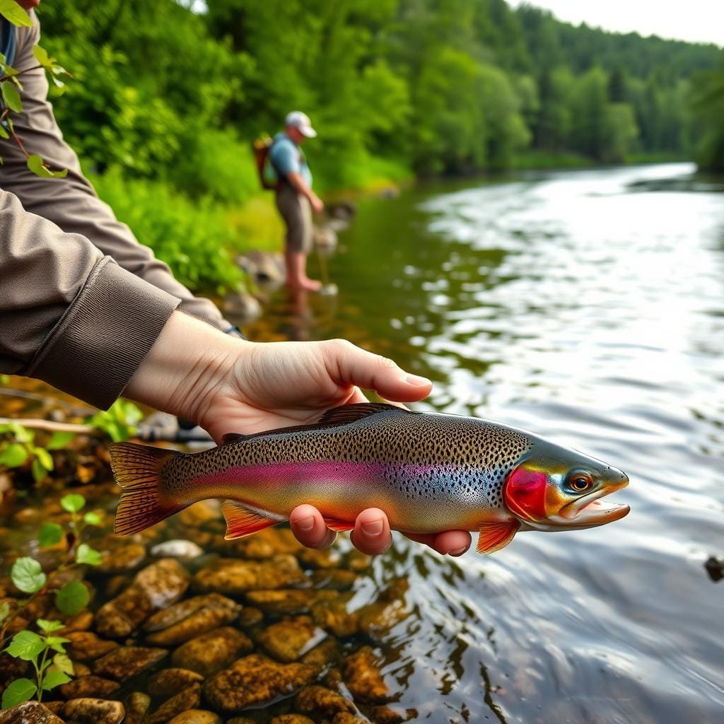 A serene river bank, lush with verdant foliage. In the foreground, a seasoned angler carefully handles a stunning brook trout, its vibrant colors shimmering in the soft, diffused sunlight. The angler's movements are precise and gentle, as they prepare to release the fish back into the water, preserving the delicate ecosystem. In the middle ground, another angler waits patiently, rod in hand, observing the catch-and-release process with reverence. The background depicts the tranquil, meandering river, its surface like a mirror, reflecting the surrounding natural beauty. The scene conveys a deep respect for the sport and the preservation of this precious resource. A serene river bank, lush with verdant foliage. In the foreground, a seasoned angler carefully handles a stunning brook trout, its vibrant colors shimmering in the soft, diffused sunlight. The angler's movements are precise and gentle, as they prepare to release the fish back into the water, preserving the delicate ecosystem. In the middle ground, another angler waits patiently, rod in hand, observing the catch-and-release process with reverence. The background depicts the tranquil, meandering river, its surface like a mirror, reflecting the surrounding natural beauty. The scene conveys a deep respect for the sport and the preservation of this precious resource.