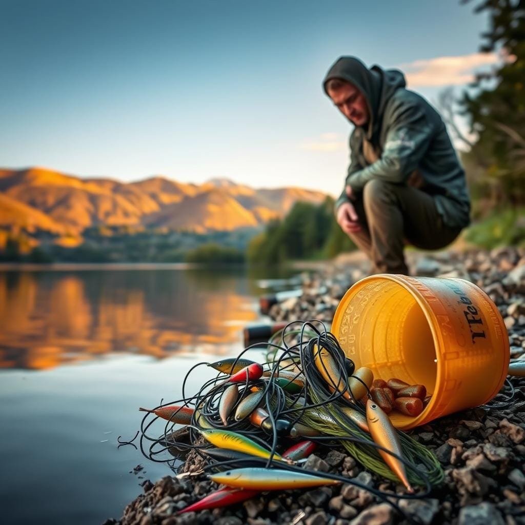 A serene river bank with a lone carp fisherman overlooking the still waters. In the foreground, a tangled mess of fishing line, lures, and an overturned bait bucket - symbols of common amateur mistakes. The middle ground shows the fisherman hunched over, examining his tackle with a concerned expression. In the background, a stunning landscape of rolling hills and dense forests, bathed in warm, golden sunlight, creating a sense of tranquility. The image conveys the idea of learning from one's errors to become a more skilled and successful carp angler.