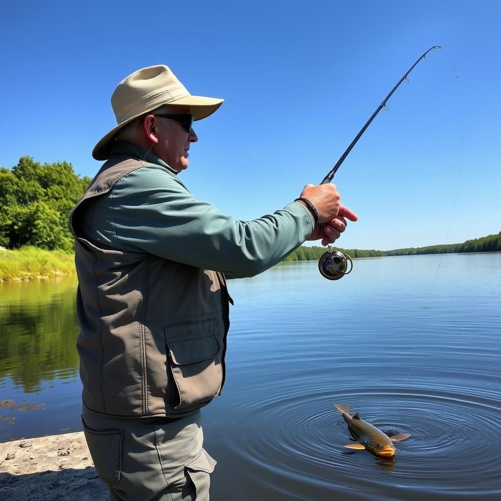A serene riverbank on a sunny day, with a skilled angler carefully scanning the calm waters for the telltale swirls and movements of elusive gar. The angler, clad in a rugged fishing vest and hat, wields a long, lightweight rod, poised to cast a delicate lure or live bait with precision. The river reflects the blue sky and lush, verdant vegetation along the banks, creating a picturesque setting for this specialized form of fishing. The angler's keen eyes search the surface, anticipating the sudden strike of the prehistoric-looking gar, ready to test their skill and patience in this unique, sight-based pursuit.