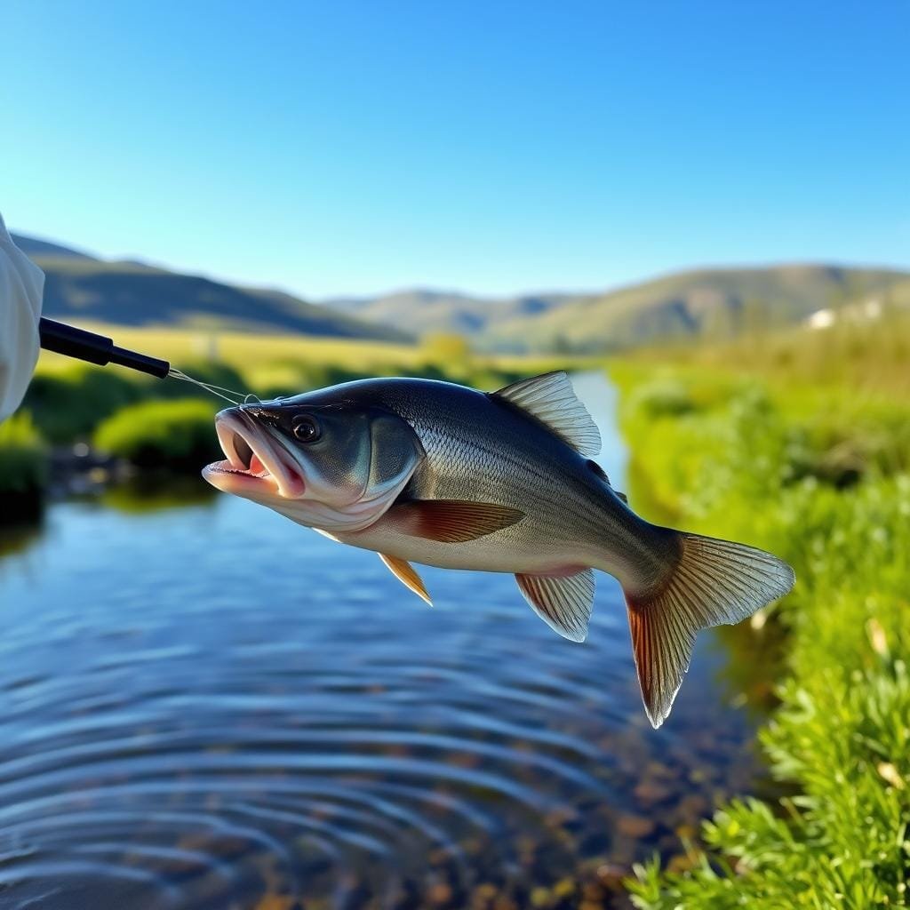 A serene spring day by a tranquil stream. In the foreground, a fisherman reels in a hefty channel catfish, its whiskers glistening in the soft natural light. The middle ground showcases lush, verdant vegetation lining the banks, with gentle ripples on the water's surface. In the background, rolling hills and a clear, azure sky create a picturesque, peaceful atmosphere. The scene conveys a sense of accomplishment and the joy of a successful spring catfishing expedition.