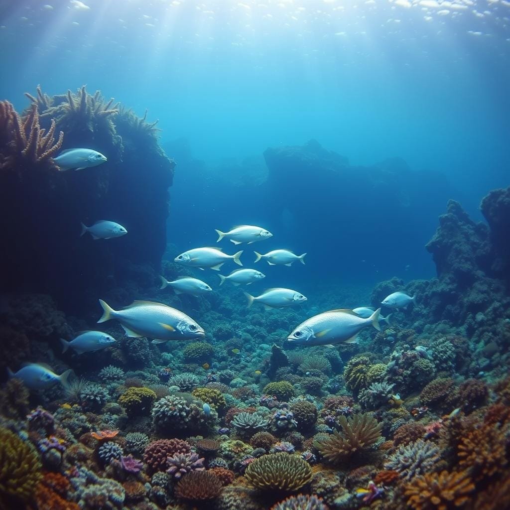 A serene underwater scene depicting the natural habitat of sea bass. The foreground shows a lush seabed teeming with vibrant coral reefs and schools of diverse marine life. In the middle ground, a group of sea bass gracefully navigate the rocky crevices and kelp forests, their silver-gray bodies shimmering in the soft, diffused lighting. The background fades into the depths, hinting at the expansive, unexplored realms of the ocean. The composition is captured through a wide-angle lens, creating a sense of depth and immersion. The overall mood is one of tranquility and wonder, inviting the viewer to imagine the hidden wonders of the sea bass' natural domain. A serene underwater scene depicting the natural habitat of sea bass. The foreground shows a lush seabed teeming with vibrant coral reefs and schools of diverse marine life. In the middle ground, a group of sea bass gracefully navigate the rocky crevices and kelp forests, their silver-gray bodies shimmering in the soft, diffused lighting. The background fades into the depths, hinting at the expansive, unexplored realms of the ocean. The composition is captured through a wide-angle lens, creating a sense of depth and immersion. The overall mood is one of tranquility and wonder, inviting the viewer to imagine the hidden wonders of the sea bass' natural domain.