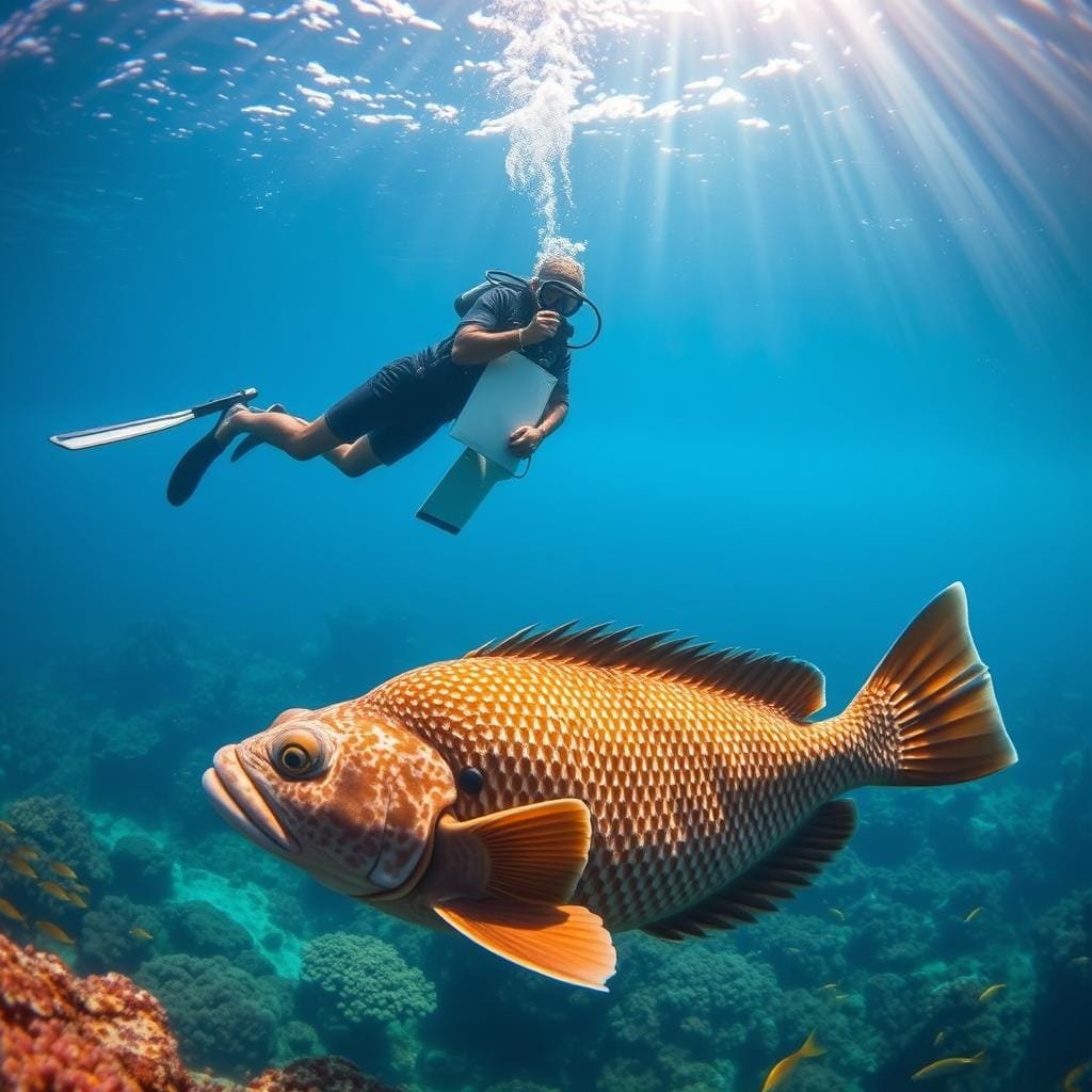 A serene underwater scene showcases responsible grouper conservation practices. In the foreground, a diver carefully releases a large grouper back into the reef, their movements gentle and measured. Rays of sunlight filter through the crystal-clear water, illuminating the vibrant coral and schools of tropical fish in the middle ground. In the background, a protected grouper spawning aggregation site is visible, its importance for the species' survival emphasized. The atmosphere is one of reverence and stewardship, capturing the essence of ethical grouper fishing and the need to safeguard these magnificent fish for future generations.
