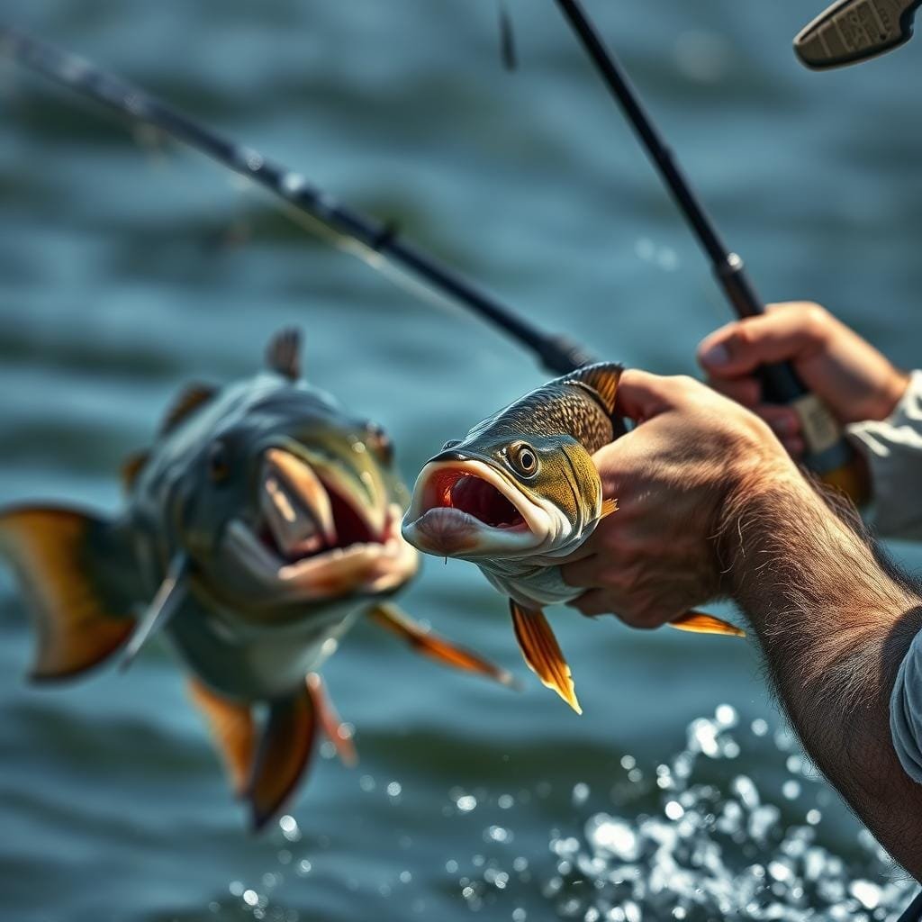 A skilled angler battling a powerful bowfin, the fish thrashing against the line in a dramatic struggle. In the foreground, the angler's hands firmly grip the rod, muscles taut as they guide the fish towards the surface. The bowfin, a prehistoric-looking creature, twists and turns, its jaws snapping with fierce determination. The scene is illuminated by natural light, casting dynamic shadows that accentuate the motion and tension. The background blurs, focusing all attention on the intense interaction between human and beast. The angler's face is set with concentration, determined to master the techniques required to land this formidable freshwater predator. A skilled angler battling a powerful bowfin, the fish thrashing against the line in a dramatic struggle. In the foreground, the angler's hands firmly grip the rod, muscles taut as they guide the fish towards the surface. The bowfin, a prehistoric-looking creature, twists and turns, its jaws snapping with fierce determination. The scene is illuminated by natural light, casting dynamic shadows that accentuate the motion and tension. The background blurs, focusing all attention on the intense interaction between human and beast. The angler's face is set with concentration, determined to master the techniques required to land this formidable freshwater predator.