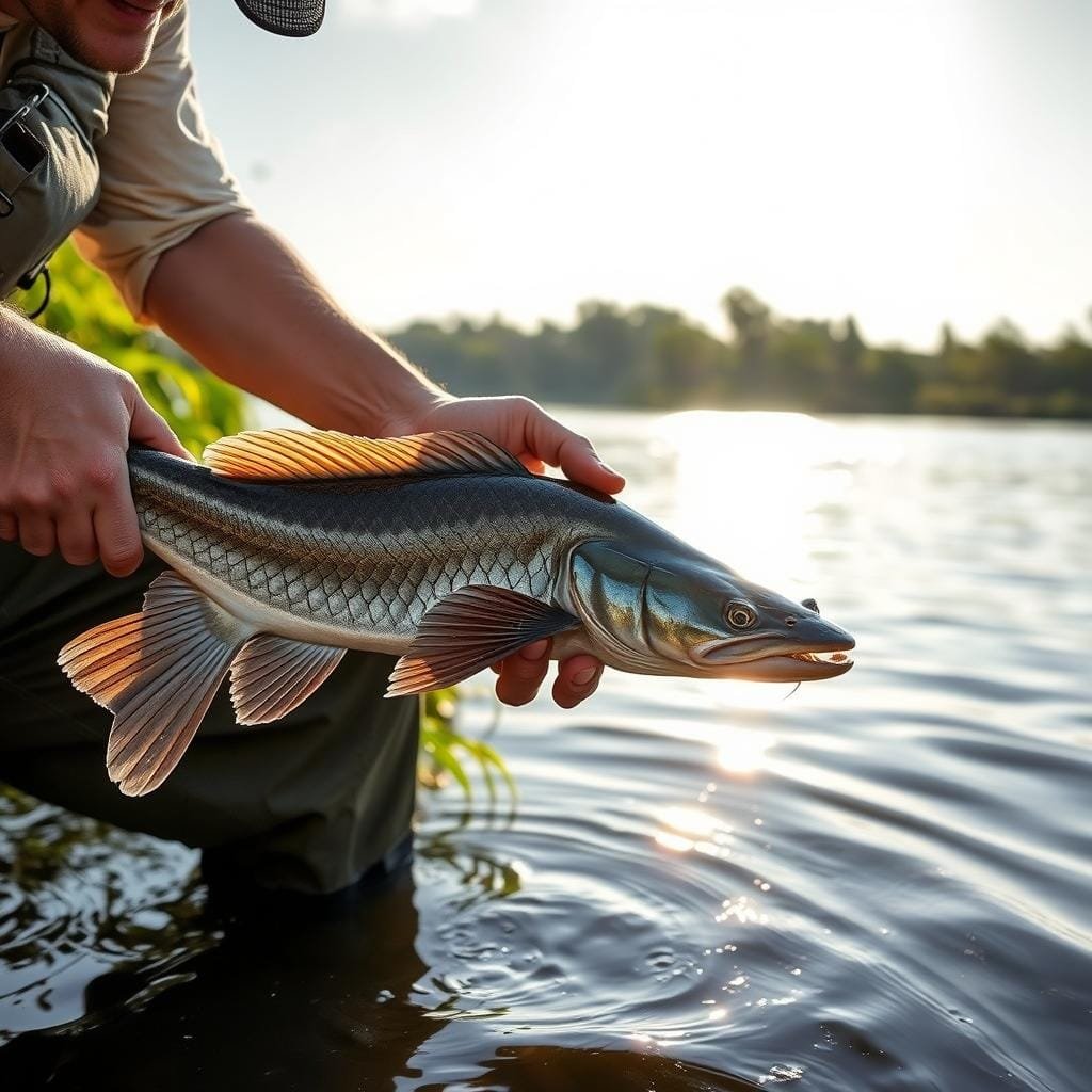 A skilled angler gently cradles a prehistoric-looking gar, its long, slender body glimmering in the soft, natural light. The fish's sharp teeth are carefully kept away from the handler's skin as they guide it towards the water's edge. In the background, a tranquil riverscape unfolds, with lush vegetation lining the banks and the sun's rays dancing on the gently rippling surface. The scene exudes a sense of calm reverence for the conservation of this unique and valuable species.