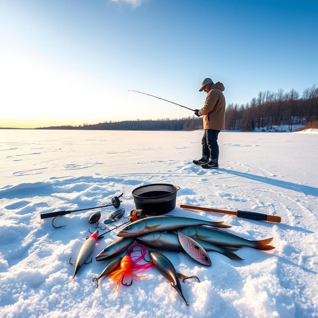 A snow-covered lake stretches out under a clear winter sky, with a lone fisherman standing on the ice, rod in hand. In the foreground, a collection of fishing gear and tackle lies ready for action - lures, jigs, and an ice auger. The middle ground features the fisherman, bundled up against the cold, intently focused on the water, searching for the telltale signs of a hungry walleye. The background reveals a wooded shoreline, the bare trees silhouetted against the horizon. Warm, soft lighting illuminates the scene, creating a sense of peaceful solitude and the thrill of the hunt. A snow-covered lake stretches out under a clear winter sky, with a lone fisherman standing on the ice, rod in hand. In the foreground, a collection of fishing gear and tackle lies ready for action - lures, jigs, and an ice auger. The middle ground features the fisherman, bundled up against the cold, intently focused on the water, searching for the telltale signs of a hungry walleye. The background reveals a wooded shoreline, the bare trees silhouetted against the horizon. Warm, soft lighting illuminates the scene, creating a sense of peaceful solitude and the thrill of the hunt.