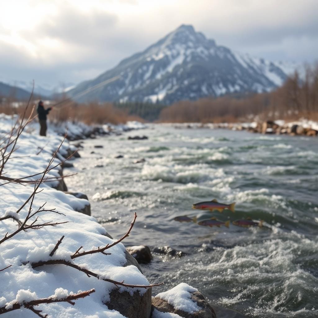 A snowy riverbank with a lone fisherman casting a line, his breath visible in the crisp winter air. In the foreground, a delicate sprinkling of snow dusts the rocks and branches, while the middle ground features a rushing stream with swirling eddies and a school of rainbow trout darting through the current. The background is a serene, snow-capped mountain landscape, bathed in soft, diffused light filtering through the clouds. The scene exudes a sense of peaceful solitude and the thrill of the hunt, capturing the essence of winter trout fishing.