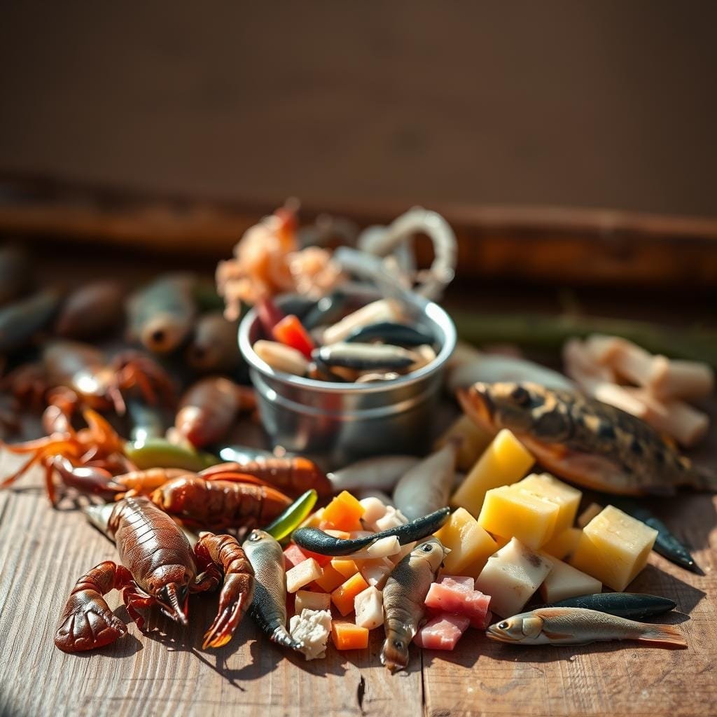 A still life composition showcasing an array of fresh bait options for catching flathead catfish. In the foreground, a wooden surface is adorned with various baits, including live crayfish, small baitfish, and cut chunks of oily fish. The lighting is warm and natural, casting soft shadows that accentuate the textures and colors of the bait. In the middle ground, a small metal pail or container holds a mix of live and cut bait, hinting at the process of preparing the ideal setup for targeting these elusive predators. The background is slightly blurred, allowing the viewer to focus on the bait itself, which is the central subject of the image. A still life composition showcasing an array of fresh bait options for catching flathead catfish. In the foreground, a wooden surface is adorned with various baits, including live crayfish, small baitfish, and cut chunks of oily fish. The lighting is warm and natural, casting soft shadows that accentuate the textures and colors of the bait. In the middle ground, a small metal pail or container holds a mix of live and cut bait, hinting at the process of preparing the ideal setup for targeting these elusive predators. The background is slightly blurred, allowing the viewer to focus on the bait itself, which is the central subject of the image.