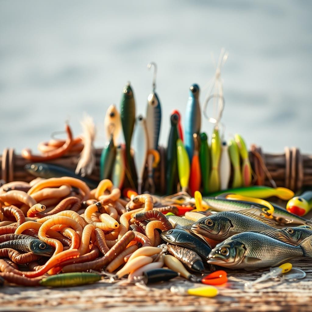 A still life scene of a bluegill fishing bait selection. In the foreground, an assortment of live baits are neatly arranged, including earthworms, mealworms, and small live minnows. In the middle ground, a variety of artificial lures are displayed, including jigs, spinners, and soft plastic grubs in shades of blue, green, and yellow to mimic bluegill's natural prey. The background is a subtle, out-of-focus natural landscape, evoking a tranquil lakeside setting. The lighting is soft and natural, creating warm, golden tones that highlight the textures and colors of the baits. The overall composition emphasizes the variety of options for effective bluegill fishing, inviting the viewer to consider the merits of live versus artificial presentations.