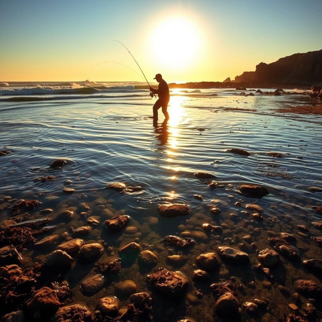 A stunning coastal landscape at low tide, with a fisherman standing knee-deep in the shallow waters, casting a line. The foreground is filled with intricate details of the exposed seabed, dotted with rocks, seaweed, and small tidal pools. In the middle ground, the fisherman is silhouetted against the golden glow of the setting sun, casting a long shadow across the rippling waters. The background features a distant horizon, where rolling ocean waves crash against the rocky shoreline, creating a sense of dynamic movement and power. The overall scene conveys a serene, contemplative mood, highlighting the tactical patience and skill required for successful redfish fishing during the tidal cycle.