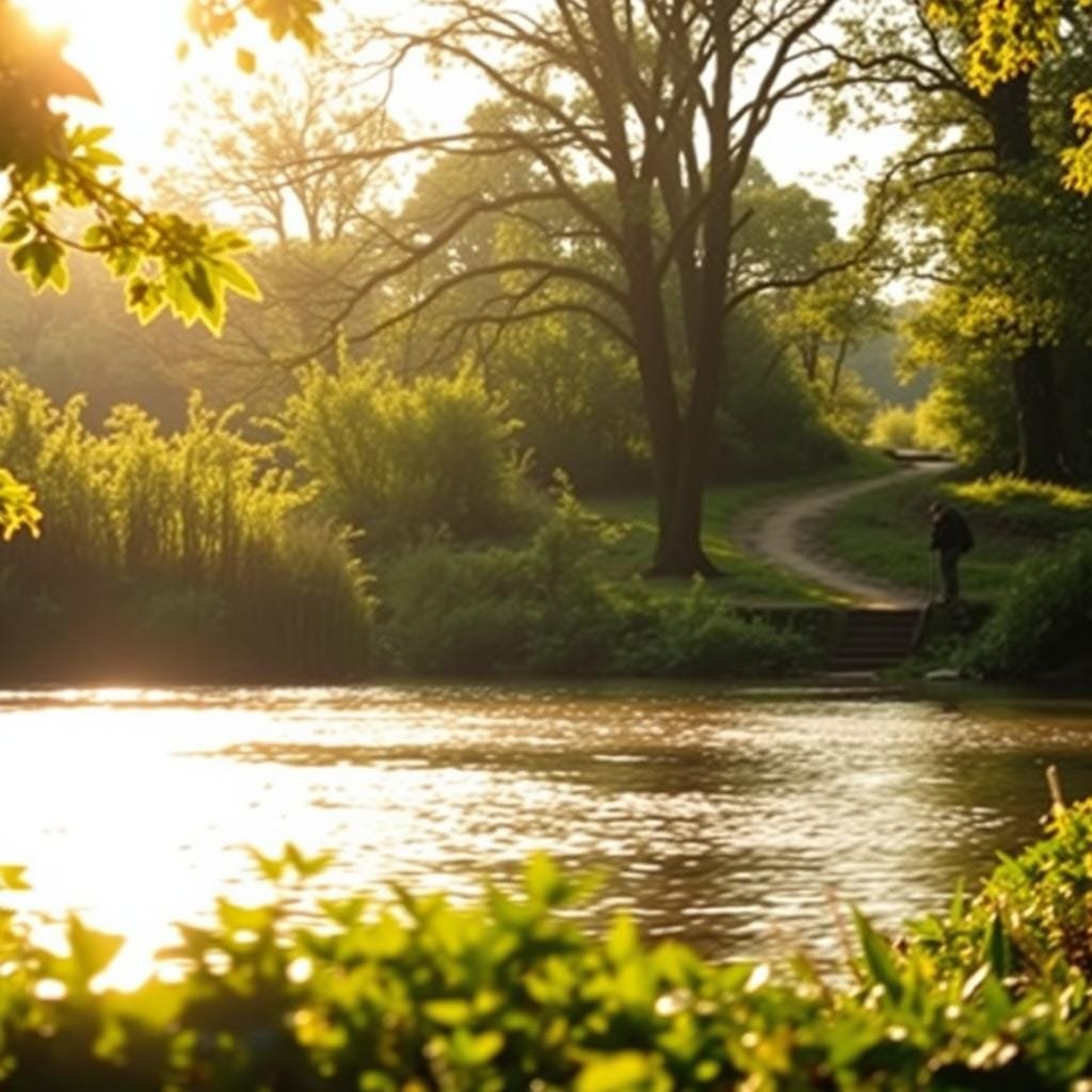 A sun-dappled riverbank, with verdant foliage lining the shores. In the foreground, a tranquil pool, its surface gently rippled, teeming with the elusive carp. Anglers, silhouetted against the golden light, cast their lines with practiced ease, their eyes fixed on the water, anticipating the telltale tug of a hefty catch. In the middle ground, a winding trail leads deeper into the lush, secluded landscape, hinting at hidden fishing spots. The background is framed by towering trees, their branches swaying in the warm breeze, creating a serene, natural ambiance. Soft, diffused lighting bathes the scene, capturing the idyllic charm of the perfect carp fishing hotspot.