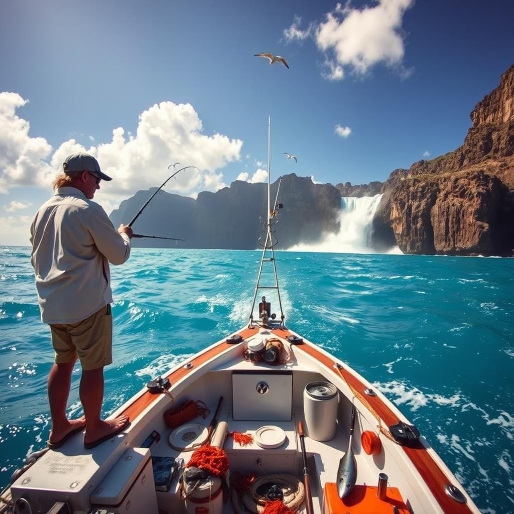 A sun-dappled scene of a small fishing boat anchored in the turquoise waters of the open ocean. In the foreground, a skilled angler stands at the bow, his line cast out with expert precision, anticipating the telltale splashes and darting movements that signal the presence of the elusive bonito. The middle ground reveals the boat's deck, littered with fishing gear and bait, hinting at the meticulous preparation required for a successful bonito expedition. In the background, a dramatic seascape unfolds, with towering waves crashing against rugged cliffs and seabirds soaring overhead, creating a sense of the untamed, elemental nature of the bonito's domain. The overall atmosphere is one of anticipation, adventure, and the thrill of the hunt. A sun-dappled scene of a small fishing boat anchored in the turquoise waters of the open ocean. In the foreground, a skilled angler stands at the bow, his line cast out with expert precision, anticipating the telltale splashes and darting movements that signal the presence of the elusive bonito. The middle ground reveals the boat's deck, littered with fishing gear and bait, hinting at the meticulous preparation required for a successful bonito expedition. In the background, a dramatic seascape unfolds, with towering waves crashing against rugged cliffs and seabirds soaring overhead, creating a sense of the untamed, elemental nature of the bonito's domain. The overall atmosphere is one of anticipation, adventure, and the thrill of the hunt.