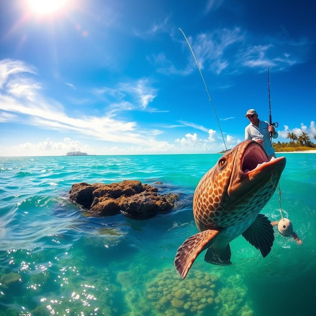 A sun-dappled scene of the Florida Gulf Coast, with a skilled angler standing waist-deep in the shimmering turquoise waters. In the foreground, a massive Goliath grouper emerges from the depths, its powerful jaws agape, ready to strike at the bait dangling from the line. The middle ground features a rocky reef teeming with diverse marine life, while the distant horizon is dotted with palm-fringed islands silhouetted against a brilliant azure sky. Warm, golden light filters through wispy clouds, casting a tranquil glow over the entire scene. Captured with a wide-angle lens, the composition emphasizes the vastness and beauty of this renowned grouper fishing hotspot.