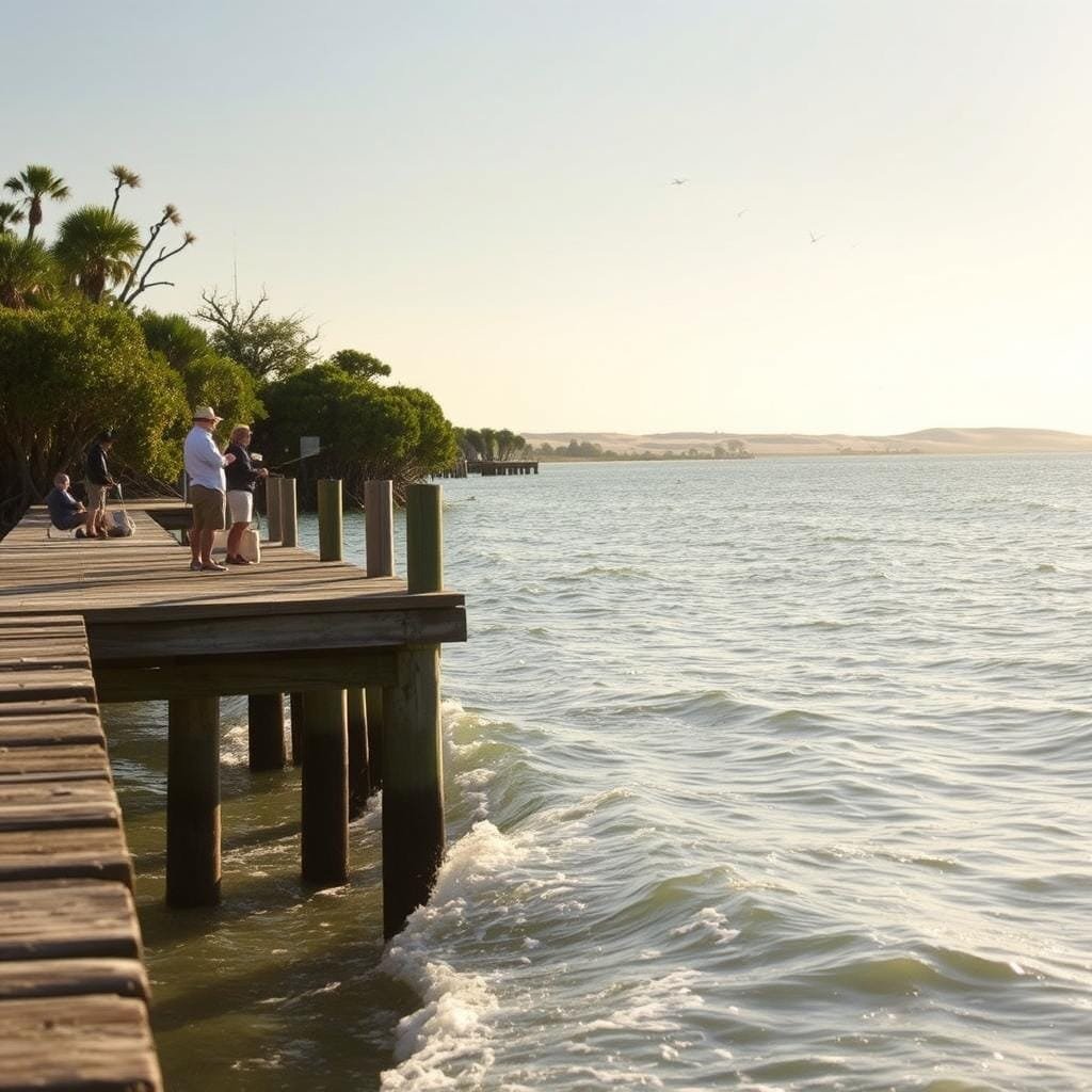 A sun-dappled scene of the Gulf Coast, where waves gently lap against the shore. In the foreground, a weathered wooden dock extends into the tranquil waters, its pilings rising from the shimmering surface. Anglers in sun-protective gear stand at the end, their lines cast into the depths, patiently waiting for the tell-tale tug of a redfish. The middle ground is dotted with lush mangrove trees, their tangled roots anchoring the coastline. In the distance, a horizon of gently rolling dunes is punctuated by the silhouettes of seabirds soaring overhead. The lighting is soft and golden, casting a warm, inviting glow over the entire scene.