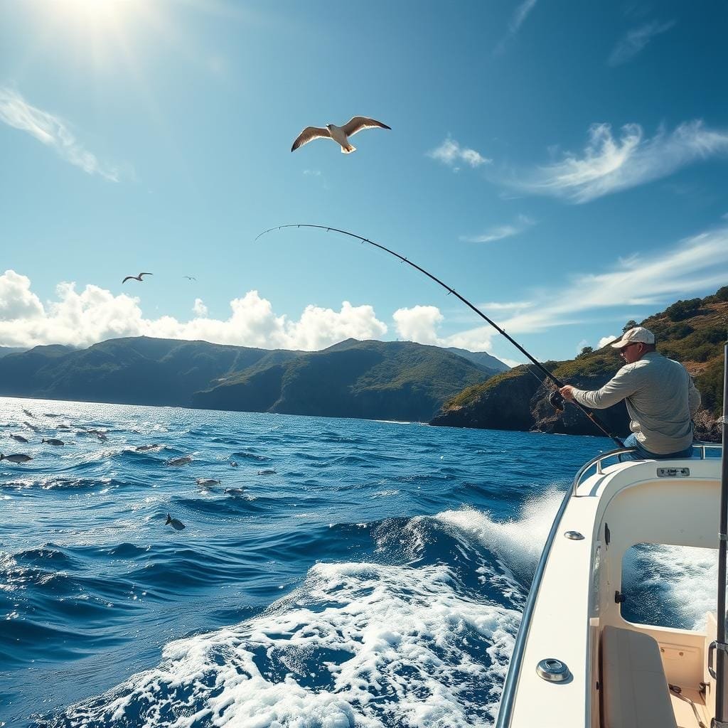 A sun-dappled seascape, a fishing boat gently rocking on the waves. In the foreground, a skilled angler deftly casts a line, bait glistening as it arcs through the air. The boat's wake trails behind, rippling the surface of the deep blue sea. In the middle ground, schools of silvery sea bass dart through the currents, while seabirds soar overhead, their cries carried on the salty breeze. The background is a panoramic vista of rugged cliffs and lush coastal foliage, the scene bathed in warm, golden light filtering through wispy clouds. The overall mood is one of serene focus and the thrill of the catch, capturing the essence of mastering sea bass fishing from boats and shore. A sun-dappled seascape, a fishing boat gently rocking on the waves. In the foreground, a skilled angler deftly casts a line, bait glistening as it arcs through the air. The boat's wake trails behind, rippling the surface of the deep blue sea. In the middle ground, schools of silvery sea bass dart through the currents, while seabirds soar overhead, their cries carried on the salty breeze. The background is a panoramic vista of rugged cliffs and lush coastal foliage, the scene bathed in warm, golden light filtering through wispy clouds. The overall mood is one of serene focus and the thrill of the catch, capturing the essence of mastering sea bass fishing from boats and shore.