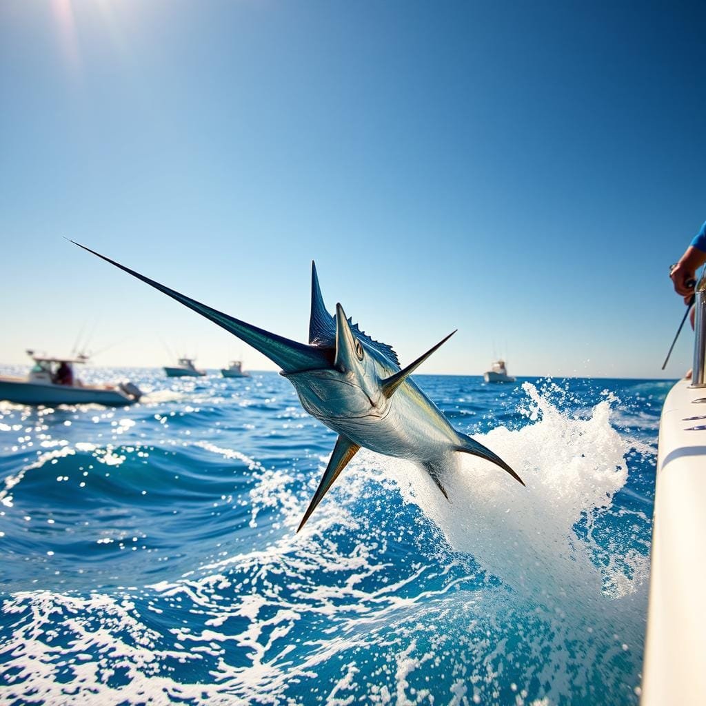 A sun-dappled seascape, crystal waters glistening. In the foreground, a skilled angler expertly handling a sleek, powerful sailfish, its iridescent blue-green scales catching the light as it breaches the surface in a magnificent display. Surrounding the focal point, a fleet of fishing boats, lines and rods at the ready, capturing the thrill of the chase. In the background, the horizon meets the endless azure sky, infusing the scene with a sense of tranquility and adventure. Crisp, high-resolution, cinematic lighting, shot with a wide-angle lens to accentuate the grandeur of the oceanic tableau. A sun-dappled seascape, crystal waters glistening. In the foreground, a skilled angler expertly handling a sleek, powerful sailfish, its iridescent blue-green scales catching the light as it breaches the surface in a magnificent display. Surrounding the focal point, a fleet of fishing boats, lines and rods at the ready, capturing the thrill of the chase. In the background, the horizon meets the endless azure sky, infusing the scene with a sense of tranquility and adventure. Crisp, high-resolution, cinematic lighting, shot with a wide-angle lens to accentuate the grandeur of the oceanic tableau.