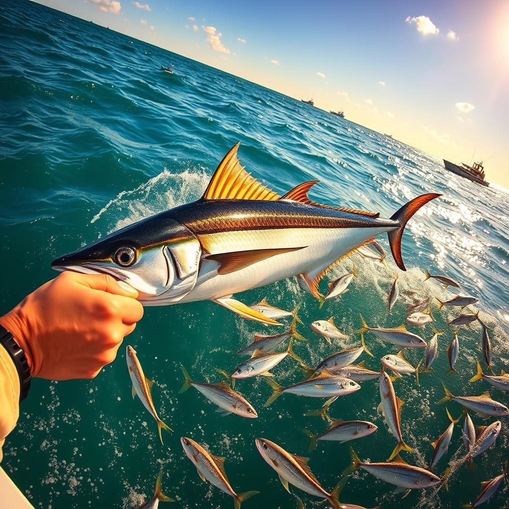 A sun-dappled seascape, with a sleek king mackerel gliding effortlessly through turquoise waters. In the foreground, an angler's hands deftly manipulate a trolling rod, the line cutting through the waves. Surrounding the boat, a school of baitfish scatter, their silvery scales shimmering under the warm, golden light. In the distance, the horizon is dotted with fishing vessels, their hulls casting long shadows across the surface. The scene exudes a sense of expertise and adventure, capturing the essence of advanced trolling techniques for this prized gamefish.