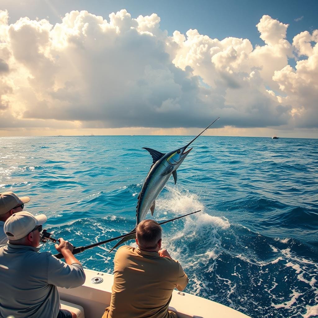 A sun-dappled seascape, with a sleek marlin leaping from the crystalline waters, its silver-blue scales glistening. In the foreground, an expert angler, poised with a high-powered fishing rod, their eyes fixed on the thrashing prey. Surrounding them, a crew of seasoned mariners, their expressions tense with anticipation. In the distance, a fleet of fishing boats dotting the horizon, their hulls cutting through the gentle swells. The scene is framed by a dramatic cloudscape, casting warm, golden light across the entire tableau, evoking the thrill and challenge of marlin fishing. A sun-dappled seascape, with a sleek marlin leaping from the crystalline waters, its silver-blue scales glistening. In the foreground, an expert angler, poised with a high-powered fishing rod, their eyes fixed on the thrashing prey. Surrounding them, a crew of seasoned mariners, their expressions tense with anticipation. In the distance, a fleet of fishing boats dotting the horizon, their hulls cutting through the gentle swells. The scene is framed by a dramatic cloudscape, casting warm, golden light across the entire tableau, evoking the thrill and challenge of marlin fishing.