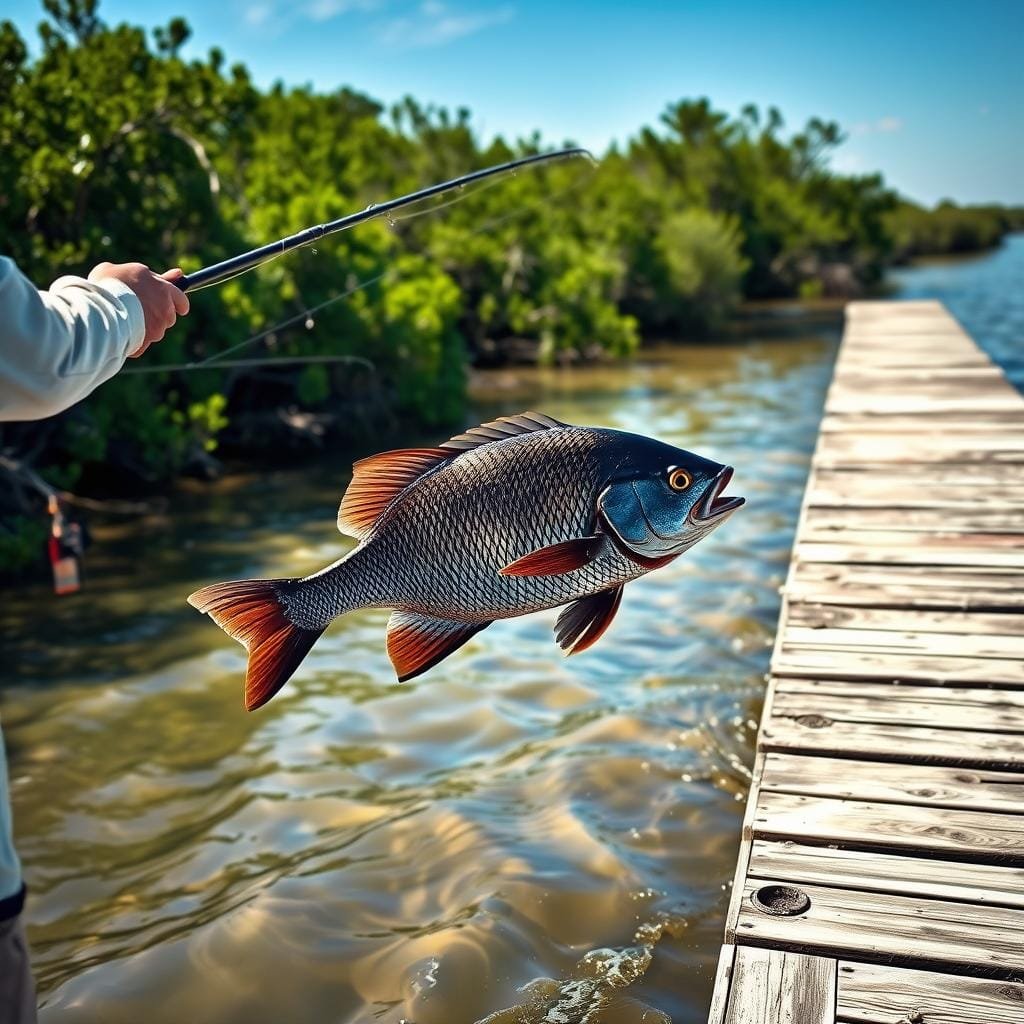 A sun-dappled shoreline, the rippling waters of a coastal estuary. In the foreground, a seasoned angler expertly casts a line, the rod arcing gracefully against the backdrop of lush mangroves. The focus shifts to the middle ground, where an impressive black drum, its armored scales glinting in the warm light, slowly circles, wary of the bait being presented. In the distance, a weathered wooden pier extends into the scene, hinting at the patience and skill required to land this formidable gamefish. The atmosphere is one of quiet anticipation, the angler's keen eye and nimble hands poised to capitalize on the opportune moment, a master class in advanced techniques for targeting the elusive and sought-after black drum.