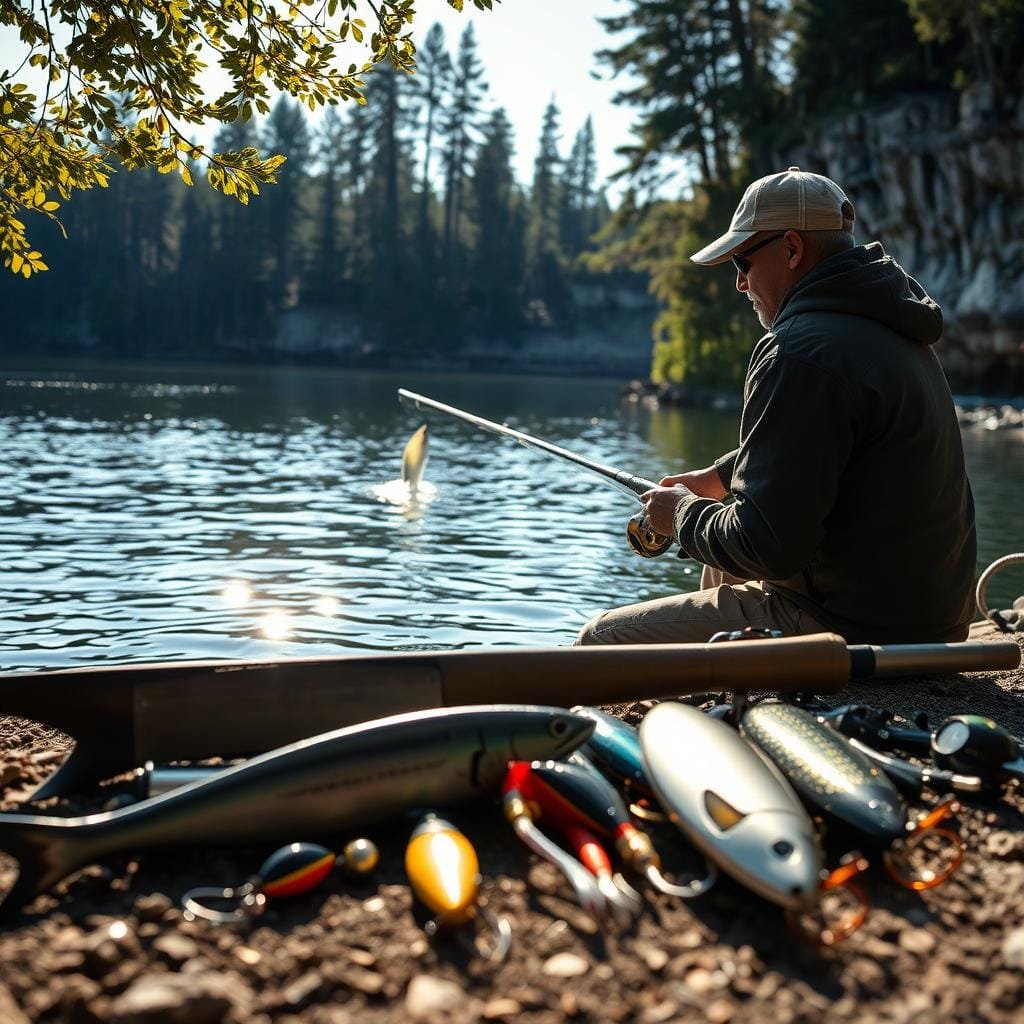 A tranquil lakeside scene, with a seasoned muskie angler poised on the shore, his gaze fixed intently on the water's surface. Dappled sunlight filters through the surrounding trees, casting a warm glow over the serene landscape. In the foreground, a selection of specialized muskie fishing lures and tackle are meticulously arranged, hinting at the expertise and preparation required for this pursuit. In the middle ground, the still waters of the lake reflect the natural beauty of the scene, with a hint of a rising muskie just breaking the surface, teasing the angler's anticipation. The background features towering pines and rugged cliffs, creating a sense of solitude and adventure, the perfect setting for the ultimate muskie fishing experience. A tranquil lakeside scene, with a seasoned muskie angler poised on the shore, his gaze fixed intently on the water's surface. Dappled sunlight filters through the surrounding trees, casting a warm glow over the serene landscape. In the foreground, a selection of specialized muskie fishing lures and tackle are meticulously arranged, hinting at the expertise and preparation required for this pursuit. In the middle ground, the still waters of the lake reflect the natural beauty of the scene, with a hint of a rising muskie just breaking the surface, teasing the angler's anticipation. The background features towering pines and rugged cliffs, creating a sense of solitude and adventure, the perfect setting for the ultimate muskie fishing experience.