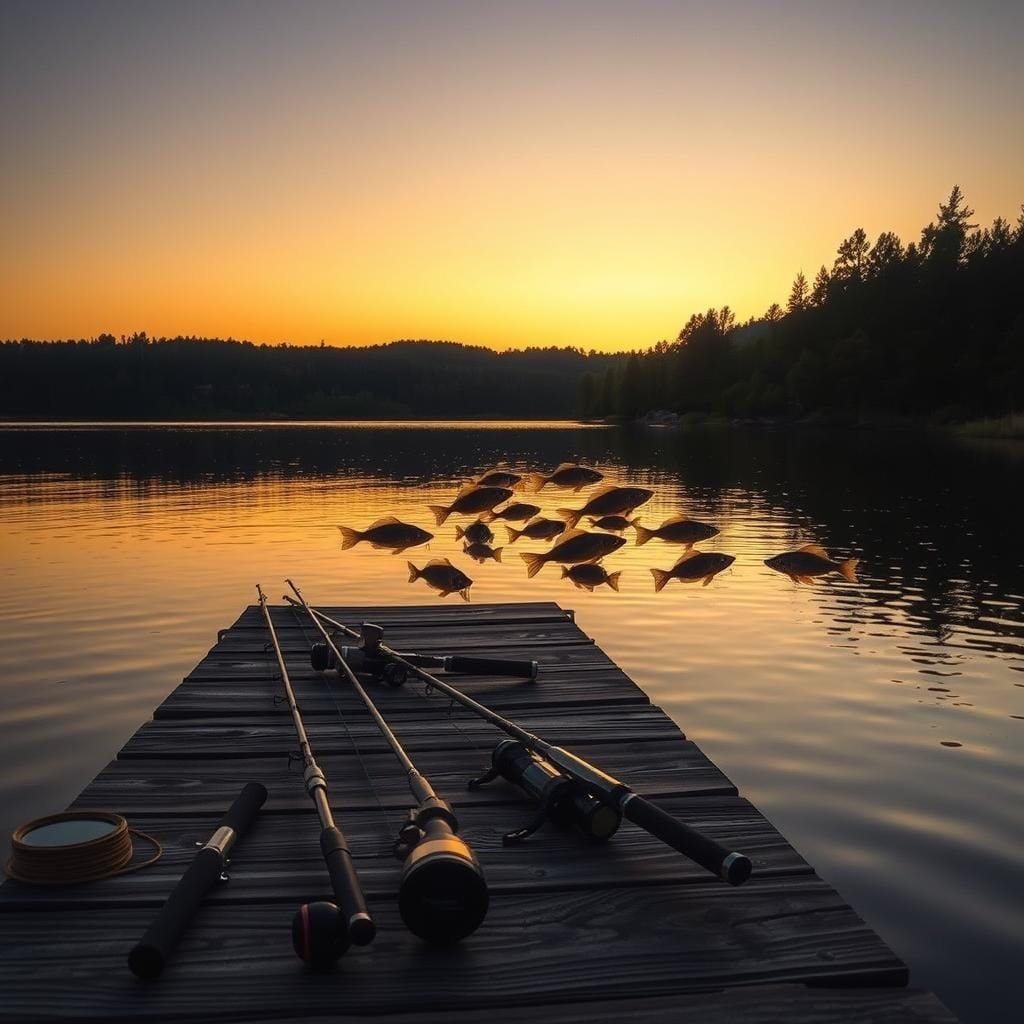 A tranquil lakeside setting at dusk, with a wooden dock extending into the still waters. The sky transitions from a warm golden hue to a deep indigo, casting a serene glow over the scene. In the foreground, various fishing rods and tackle lie on the weathered dock, suggesting the ideal time to target catfish. The middle ground features a school of catfish silhouetted in the water, their whiskers gently swaying. In the background, a dense forest lines the shore, creating a sense of seclusion and connection to nature. The lighting is soft and diffused, creating a moody, atmospheric quality that evokes the best times to fish for catfish.