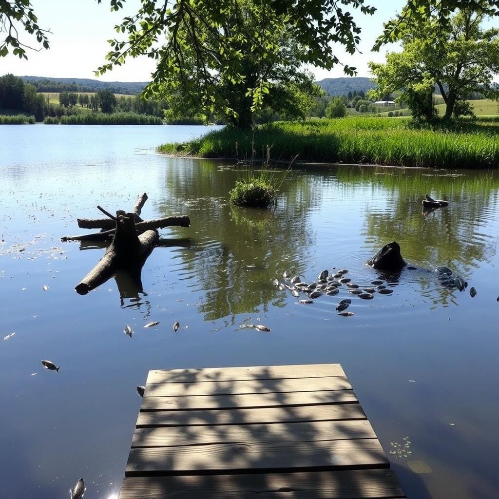 A tranquil lakeside setting, with sunlight filtering through the trees and casting dappled shadows across the water's surface. In the foreground, a small dock extends into the serene bluegill-filled pond, its wooden planks weathered by time. Submerged logs and aquatic vegetation create ideal hideouts for the elusive bluegill, their iridescent scales flashing as they dart between the shadows. The middle ground features a lush, verdant shoreline, dotted with clusters of reeds and overhanging branches. In the distance, rolling hills and a picturesque horizon complete the idyllic pastoral scene, conveying a sense of peaceful seclusion perfect for the dedicated bluegill angler.