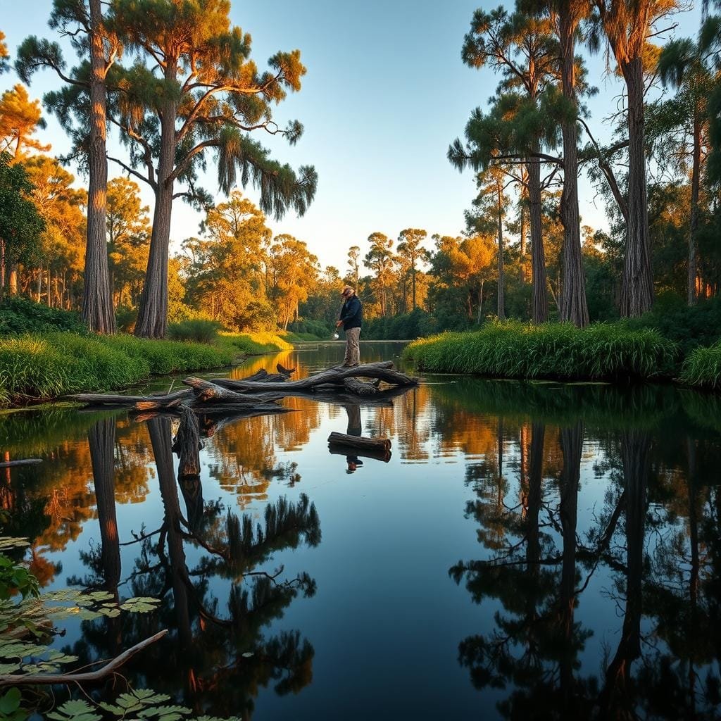 A tranquil oxbow lake nestled in a lush, verdant landscape. In the foreground, a fisherman casts his line into the still, mirror-like waters, patiently awaiting the strike of a bowfin. The middle ground is dotted with fallen logs and dense aquatic vegetation, creating the perfect habitat for these elusive predators. In the background, towering cypress trees with their distinctive knees stand guard, their reflections rippling across the surface. The scene is bathed in warm, golden-hour light, casting a serene and atmospheric glow over the entire tableau. A wide-angle lens captures the expansive, picturesque setting, inviting the viewer to immerse themselves in this peaceful, bowfin-rich environment. A tranquil oxbow lake nestled in a lush, verdant landscape. In the foreground, a fisherman casts his line into the still, mirror-like waters, patiently awaiting the strike of a bowfin. The middle ground is dotted with fallen logs and dense aquatic vegetation, creating the perfect habitat for these elusive predators. In the background, towering cypress trees with their distinctive knees stand guard, their reflections rippling across the surface. The scene is bathed in warm, golden-hour light, casting a serene and atmospheric glow over the entire tableau. A wide-angle lens captures the expansive, picturesque setting, inviting the viewer to immerse themselves in this peaceful, bowfin-rich environment.