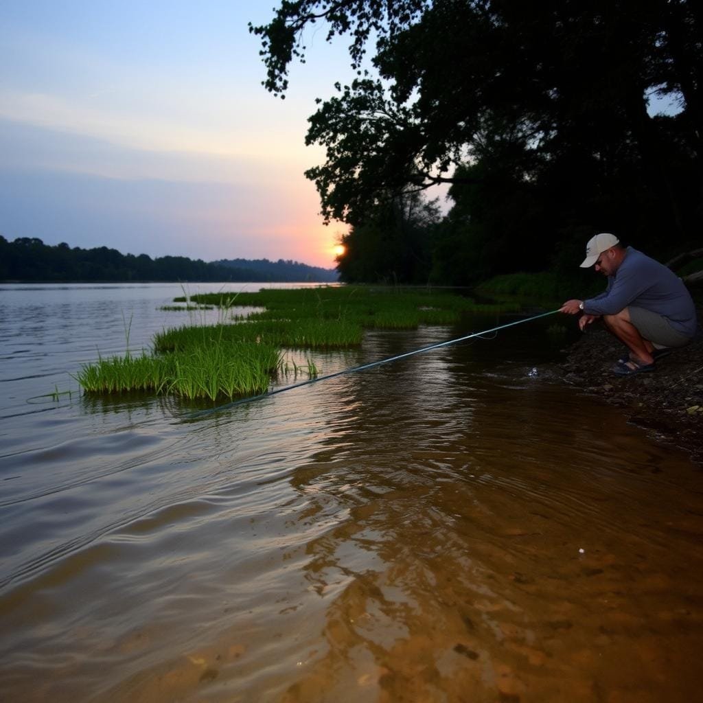A tranquil riverbank at dusk, the water's surface gently rippling. In the foreground, a fisherman crouches, his line cast into the shallow, murky depths, searching for the telltale nibble of a bullhead catfish. The middle ground reveals a verdant shoreline, dotted with clusters of reeds and overhanging foliage. In the distance, the silhouettes of trees stretch towards a dusky, softly-lit sky. The scene is illuminated by the warm glow of a setting sun, casting a golden hue over the entire tableau. The overall mood is one of peaceful anticipation, as the angler patiently waits for his quarry to take the bait.