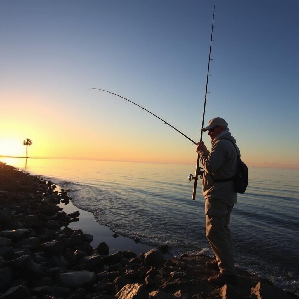 A tranquil shoreline at sunset, a fisherman waits patiently with a black drum rod, the water gently lapping at the rocky beach. The late afternoon light casts a warm, golden glow, illuminating the scene. In the distance, the silhouette of a lone palm tree sways in the light breeze. The fisherman, clad in weathered gear, eyes the water intently, anticipating the telltale signs of a black drum's presence. The scene is one of serene focus, a moment of solitude and concentration as the angler seeks to master the art of black drum fishing.