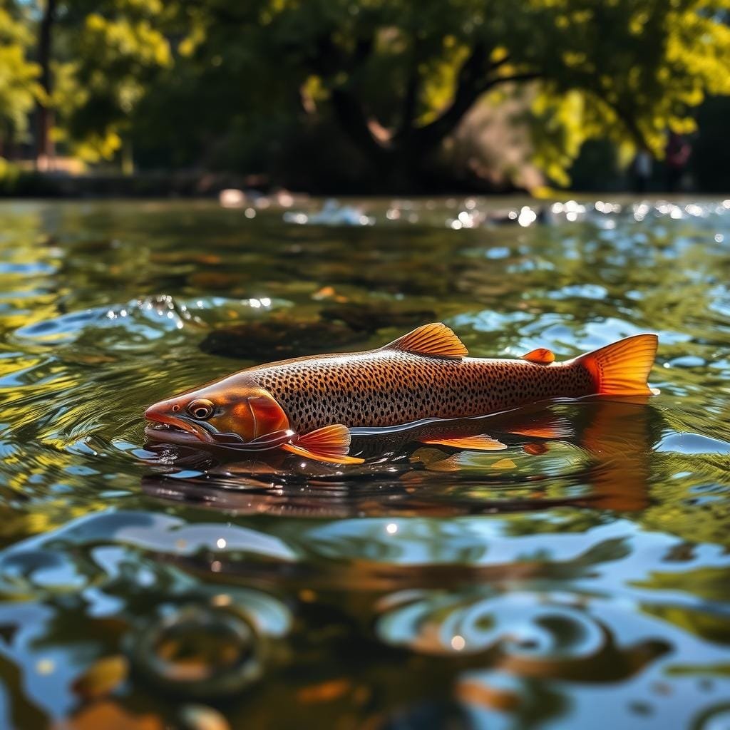 A tranquil stream, its surface rippled by the graceful movements of a brown trout, its fins cutting through the water with precision. Sunlight filters through the canopy of lush, overhanging foliage, casting a warm, golden glow on the scene. The trout, its mottled brown and olive-green scales shimmering, pauses momentarily to survey its domain, alert to the slightest disturbance in the water. The composition captures the essence of the brown trout's feeding patterns, its predatory instincts on full display as it scans the water for its next meal. The image conveys a sense of serene observation, inviting the viewer to immerse themselves in the natural rhythms of the trout's world.