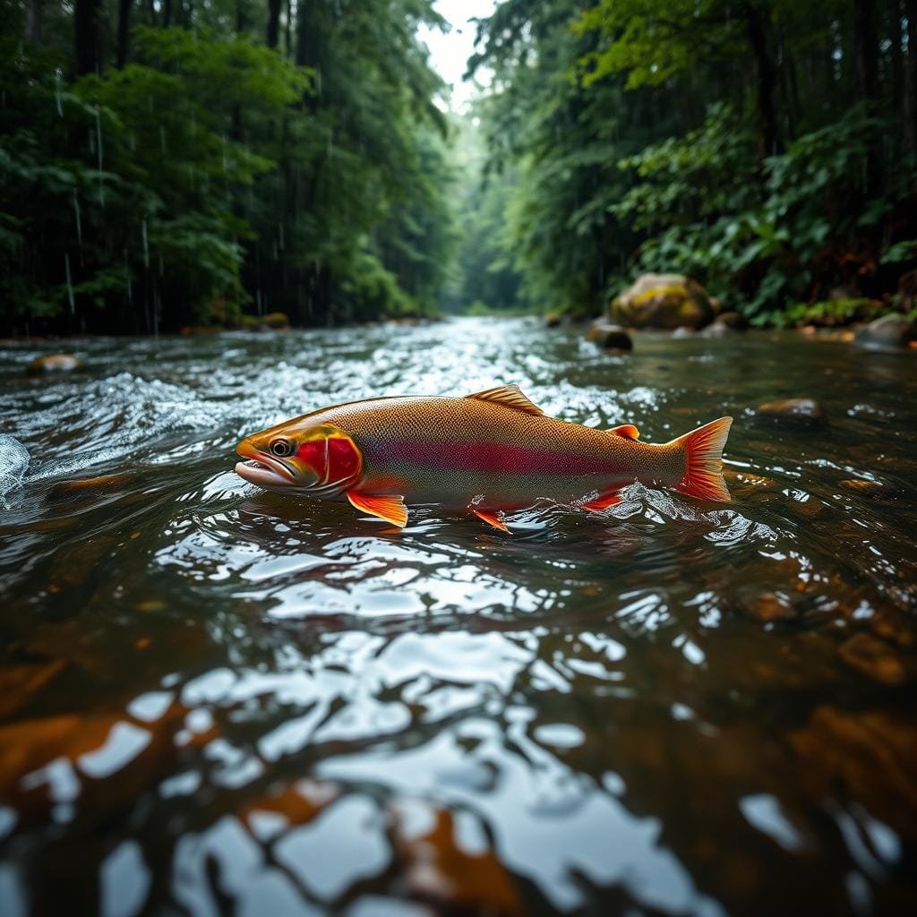 A tranquil stream meanders through a lush forest, its surface gently rippled by the interplay of sunlight and rain. Atop the swirling currents, a majestic rainbow trout navigates the eddies, its iridescent scales glimmering as it deftly avoids the raindrops cascading from the canopy above. The scene is bathed in a soft, diffused light, capturing the delicate dance between the trout and its watery domain. A wide-angle lens emphasizes the depth and breadth of the environment, inviting the viewer to immerse themselves in the serene yet dynamic moment. The overall mood is one of harmonious coexistence, where the weather and the trout's natural habitat seamlessly converge.