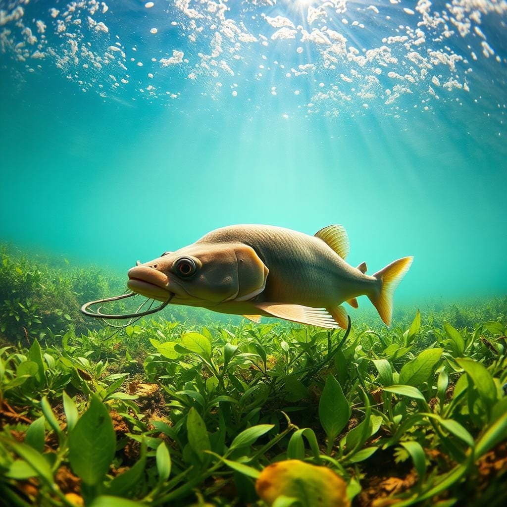 A tranquil underwater scene featuring a bullhead catfish in its natural habitat. The fish swims gracefully, its broad, flattened head and distinctive barbels clearly visible. The foreground showcases the catfish's foraging behavior, as it delicately explores the riverbed with its sensitive whiskers, searching for small prey. The middle ground reveals the lush, aquatic vegetation providing cover and nourishment for the bullhead. In the background, shafts of soft, natural light filter through the water, creating a serene and captivating atmosphere. The scene is captured through a wide-angle lens, offering a comprehensive view of the bullhead's intriguing behavior and environment.