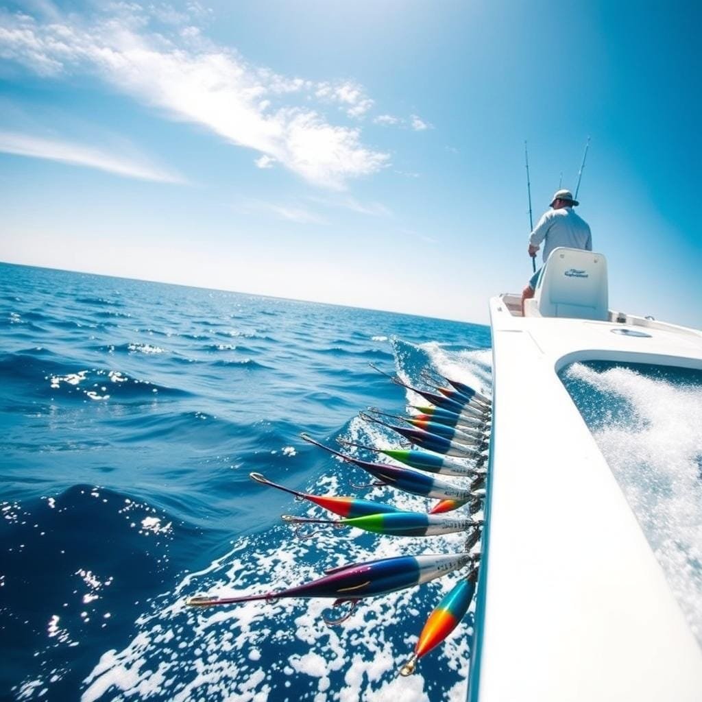 A vast, cerulean sea stretches out, sun-dappled waves lapping against the hull of a sleek, powerful fishing boat. In the foreground, a spread of colorful lures trails behind, their sinuous movements enticing a mighty marlin to strike. The lures are meticulously crafted, each one a work of art, designed to mimic the natural prey of this apex predator. The captain, eyes scanning the horizon, expertly navigates the vessel, seeking the telltale signs of the marlin's presence - the sudden burst of a baitfish, the telltale fin breaking the surface. The air is thick with anticipation, the thrill of the hunt palpable. As the boat glides effortlessly through the water, the stage is set for an epic battle between man and nature, a testament to the art of trolling for marlin. A vast, cerulean sea stretches out, sun-dappled waves lapping against the hull of a sleek, powerful fishing boat. In the foreground, a spread of colorful lures trails behind, their sinuous movements enticing a mighty marlin to strike. The lures are meticulously crafted, each one a work of art, designed to mimic the natural prey of this apex predator. The captain, eyes scanning the horizon, expertly navigates the vessel, seeking the telltale signs of the marlin's presence - the sudden burst of a baitfish, the telltale fin breaking the surface. The air is thick with anticipation, the thrill of the hunt palpable. As the boat glides effortlessly through the water, the stage is set for an epic battle between man and nature, a testament to the art of trolling for marlin.