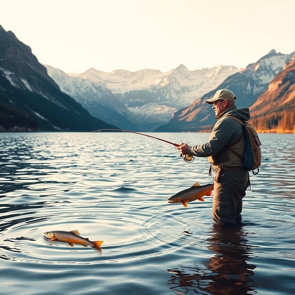 A vast, serene lake nestled between rugged, snow-capped mountains. A skilled angler, clad in weathered gear, stands waist-deep in the crystal-clear waters, casting a delicate fly line with practiced precision. Subtle ripples on the surface hint at the presence of elusive brown trout, their bronze hues and powerful fins ready to put up a thrilling fight. The scene is bathed in warm, golden light, casting a tranquil, almost meditative atmosphere. The angler's gaze is focused, their movements fluid, as they employ advanced techniques honed through years of experience to tempt the trout to strike. This image captures the essence of the ultimate challenge and reward of mastering the art of brown trout fishing.