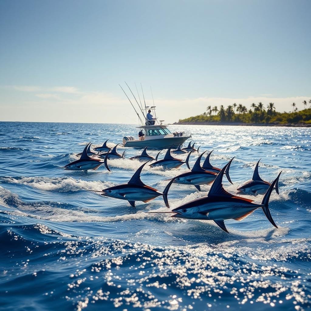 A vast, sun-dappled ocean expanse, shimmering with azure hues. In the foreground, a school of sailfish gracefully glide through the waves, their elongated bills and majestic sails cutting through the surface. In the middle ground, a fishing boat equipped with high-tech equipment and experienced anglers, carefully scanning the horizon for the telltale signs of sailfish activity. The background reveals a coastline dotted with palm trees, hinting at the tropical paradise where this prime sailfish habitat resides. The lighting is warm and natural, casting a golden glow over the scene, evoking a sense of tranquility and adventure. The perspective is slightly elevated, allowing the viewer to take in the full scope of this sailfish-rich environment. A vast, sun-dappled ocean expanse, shimmering with azure hues. In the foreground, a school of sailfish gracefully glide through the waves, their elongated bills and majestic sails cutting through the surface. In the middle ground, a fishing boat equipped with high-tech equipment and experienced anglers, carefully scanning the horizon for the telltale signs of sailfish activity. The background reveals a coastline dotted with palm trees, hinting at the tropical paradise where this prime sailfish habitat resides. The lighting is warm and natural, casting a golden glow over the scene, evoking a sense of tranquility and adventure. The perspective is slightly elevated, allowing the viewer to take in the full scope of this sailfish-rich environment.