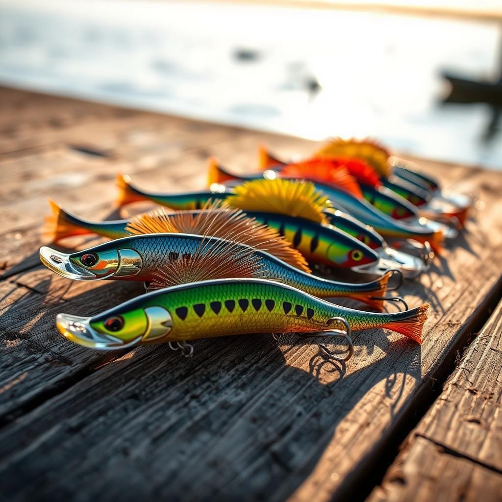 A vibrant arrangement of muskie topwater lures, meticulously crafted with intricate patterns and vibrant colors. Positioned on a weathered wooden surface, the lures appear to be illuminated by warm, natural lighting, casting gentle shadows that add depth and dimension to the scene. The lures are presented in the foreground, with a slightly blurred background suggesting an outdoor setting, perhaps a serene lake or river. The overall composition conveys a sense of anticipation and excitement, hinting at the potential for a thrilling muskie fishing adventure. A vibrant arrangement of muskie topwater lures, meticulously crafted with intricate patterns and vibrant colors. Positioned on a weathered wooden surface, the lures appear to be illuminated by warm, natural lighting, casting gentle shadows that add depth and dimension to the scene. The lures are presented in the foreground, with a slightly blurred background suggesting an outdoor setting, perhaps a serene lake or river. The overall composition conveys a sense of anticipation and excitement, hinting at the potential for a thrilling muskie fishing adventure.