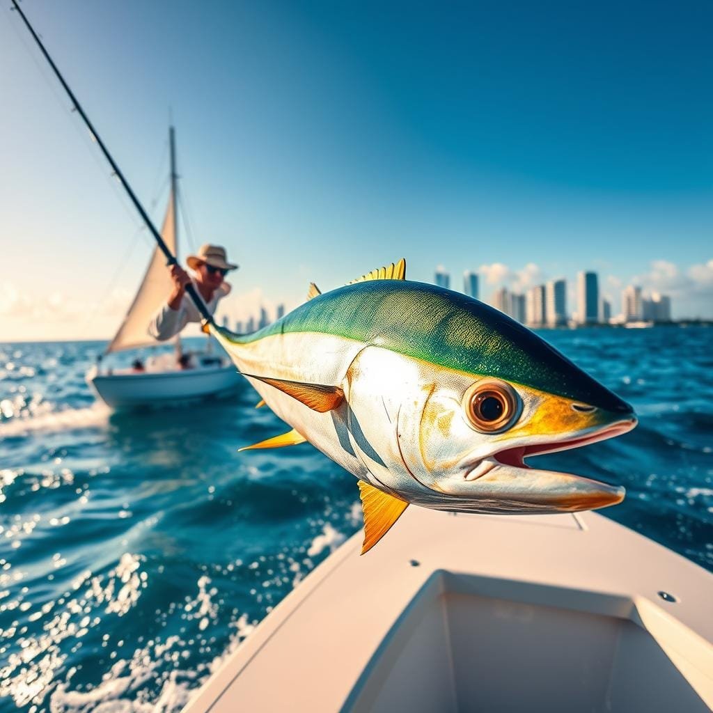 A vibrant scene of mahi mahi fishing in the azure waters off Miami's coast. In the foreground, a skilled angler expertly reels in a shimmering mahi mahi, its iridescent green and gold scales glinting in the warm sunshine. The middle ground reveals a well-equipped charter boat, its sails billowing in the gentle breeze. In the background, the iconic Miami skyline rises, framed by a cloudless, cerulean sky. The scene is illuminated by a golden, late-afternoon light, casting a soft, cinematic glow over the entire composition. The overall mood is one of excitement, adventure, and the thrill of the catch.