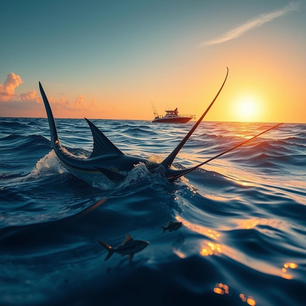 A vibrant seascape at dawn, the sun's golden rays casting a warm glow over the glistening waves. In the foreground, a sailfish expertly evades a baitfish, its sleek, muscular body twisting and turning as it executes the 'bait and switch' technique. The sailfish's magnificent sail-like dorsal fin slices through the water, creating a mesmerizing visual. In the middle ground, a fishing boat with anglers poised, their lines cast, anticipating the sailfish's next move. The background features a distant horizon, with a few wispy clouds adding to the serene atmosphere. Photorealistic, high-resolution, cinematic lighting, detailed textures. A vibrant seascape at dawn, the sun's golden rays casting a warm glow over the glistening waves. In the foreground, a sailfish expertly evades a baitfish, its sleek, muscular body twisting and turning as it executes the 'bait and switch' technique. The sailfish's magnificent sail-like dorsal fin slices through the water, creating a mesmerizing visual. In the middle ground, a fishing boat with anglers poised, their lines cast, anticipating the sailfish's next move. The background features a distant horizon, with a few wispy clouds adding to the serene atmosphere. Photorealistic, high-resolution, cinematic lighting, detailed textures.