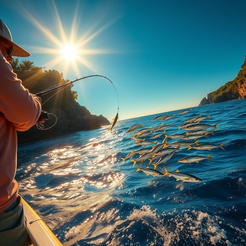 A vibrant seascape, the sun's golden rays glistening on the azure waves. In the foreground, a skilled angler casts a lure, expertly reading the bonito's underwater movements. The middle ground reveals a school of the swift, silvery fish, their sleek bodies darting through the shimmering waters. In the background, a rugged coastline with lush, verdant foliage frames the scene, creating a sense of tranquility and abundance. The lighting is warm and natural, highlighting the dynamic interplay between the angler, the fish, and the picturesque setting. Crisp, high-resolution details capture the energy and excitement of a successful bonito fishing expedition. A vibrant seascape, the sun's golden rays glistening on the azure waves. In the foreground, a skilled angler casts a lure, expertly reading the bonito's underwater movements. The middle ground reveals a school of the swift, silvery fish, their sleek bodies darting through the shimmering waters. In the background, a rugged coastline with lush, verdant foliage frames the scene, creating a sense of tranquility and abundance. The lighting is warm and natural, highlighting the dynamic interplay between the angler, the fish, and the picturesque setting. Crisp, high-resolution details capture the energy and excitement of a successful bonito fishing expedition.